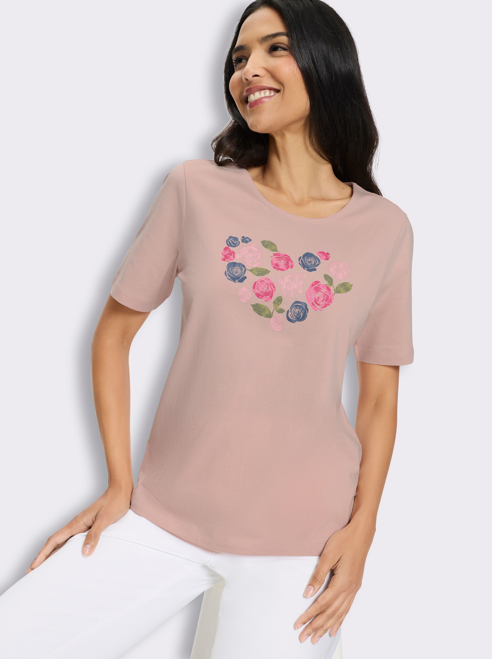 Kurzarmshirt mit Herz-Motiv aus Blüten - puder-fuchsia