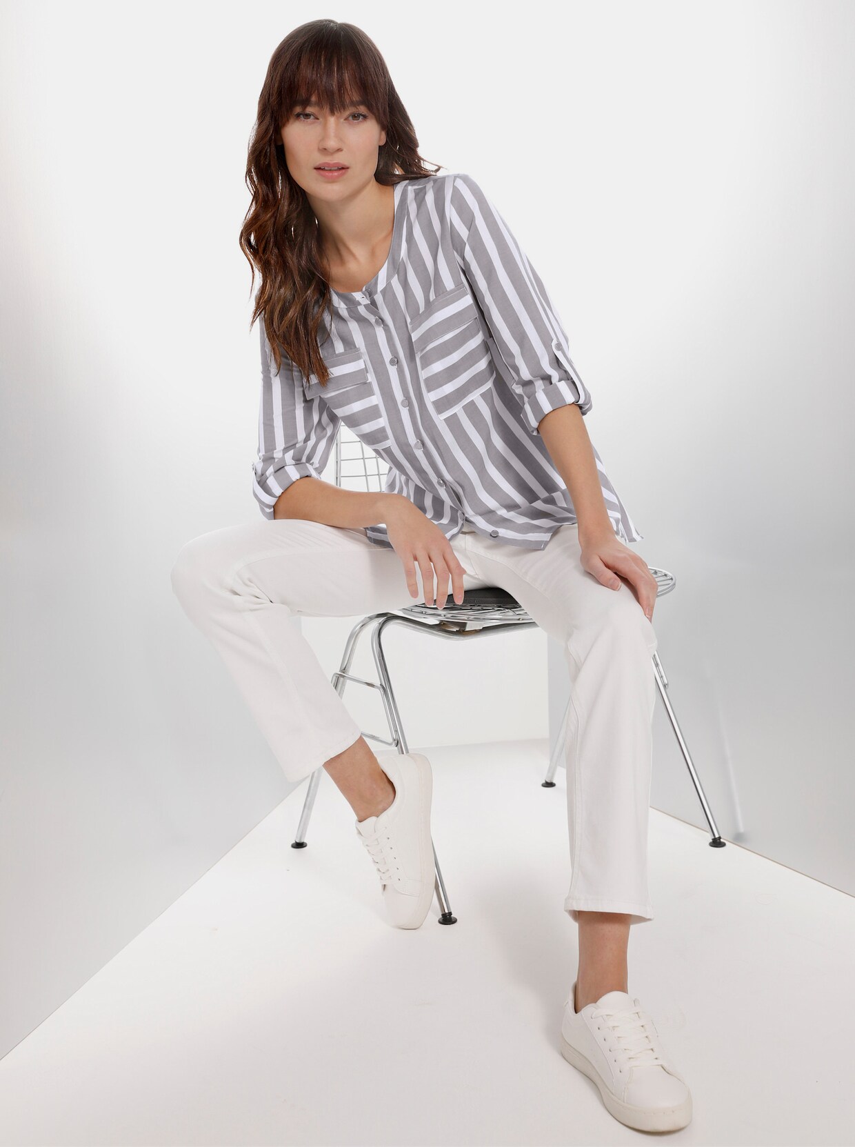 Creation L Premium Lyocell-Baumwoll-Bluse - grau-ecru-gestreift