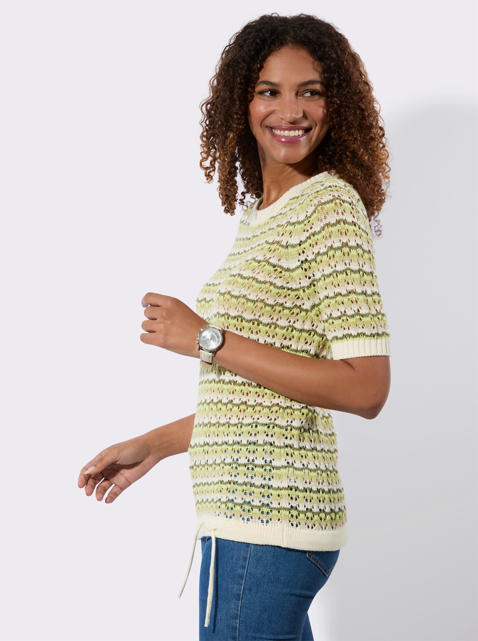 Pulóver, ažúr, viazačka na leme - Lipovozelená-šampanská