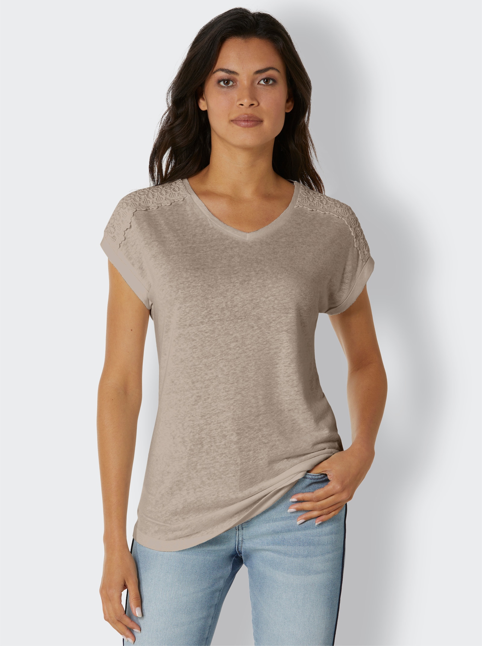 CREATION L PREMIUM V-Shirt mit Spitzendetail - sesam