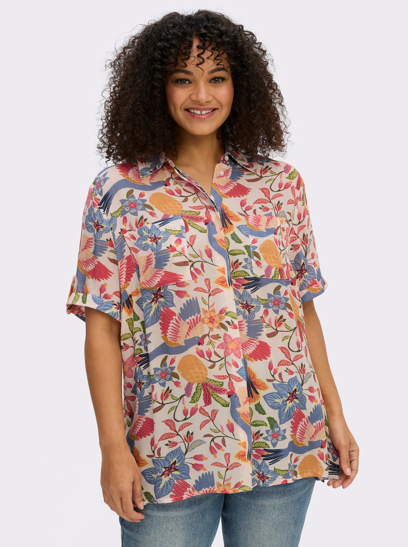 sheego by Joe Browns Overhemdblouse met tropische print - champagne/hemelsblauw bedrukt