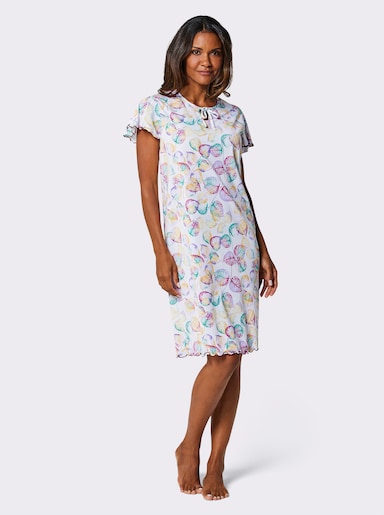 wäschepur Nachthemd mit buntem Blätterprint - ecru-violett-bedruckt