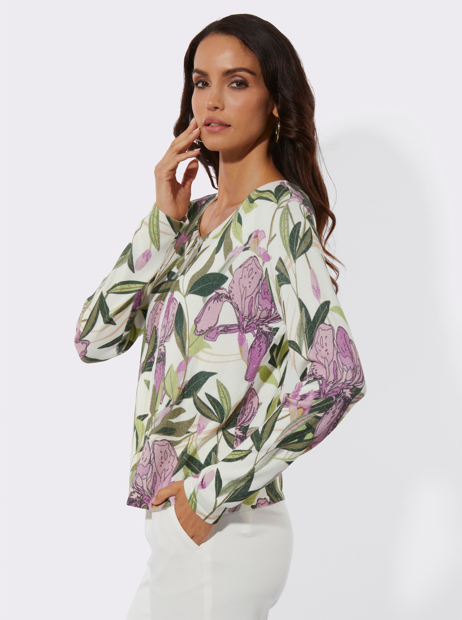 Cardigan mit Hakenverschluss - ecru-orchidee-bedruckt