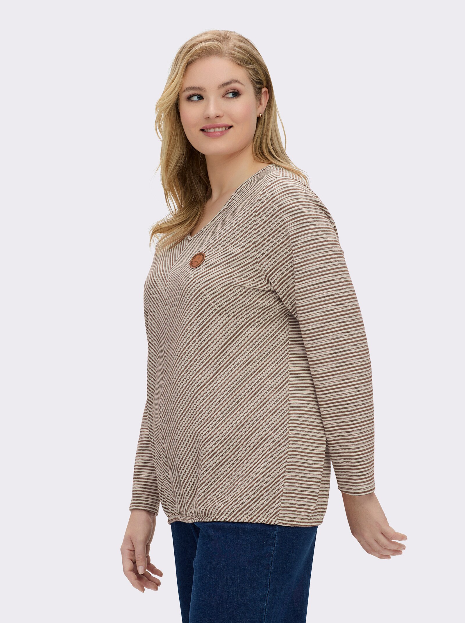 Langarmshirt mit elastischem Saum - braun-ecru-gemustert