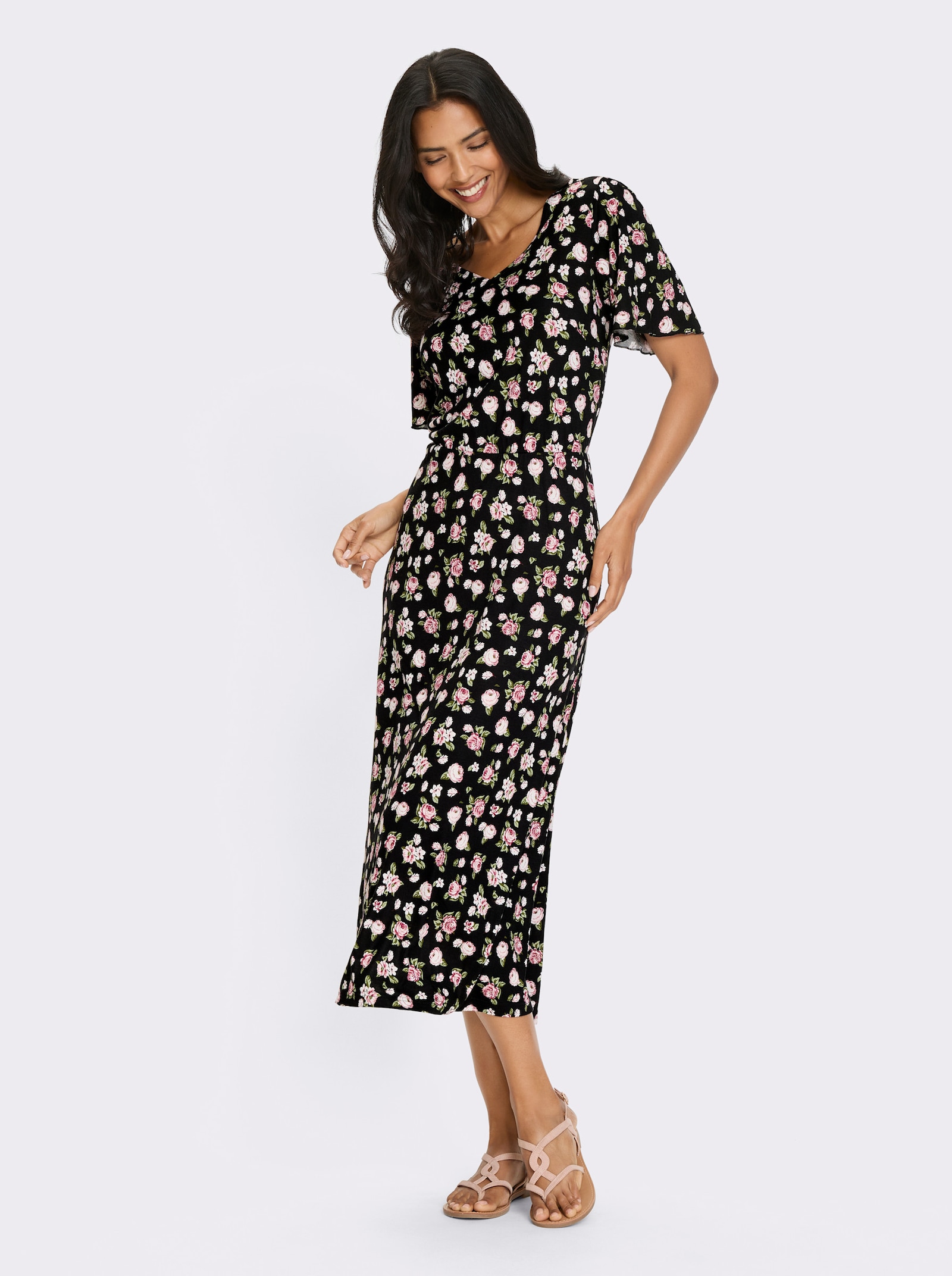 Jerseykleid im Blüten-Dessin - schwarz-altrosa-bedruckt