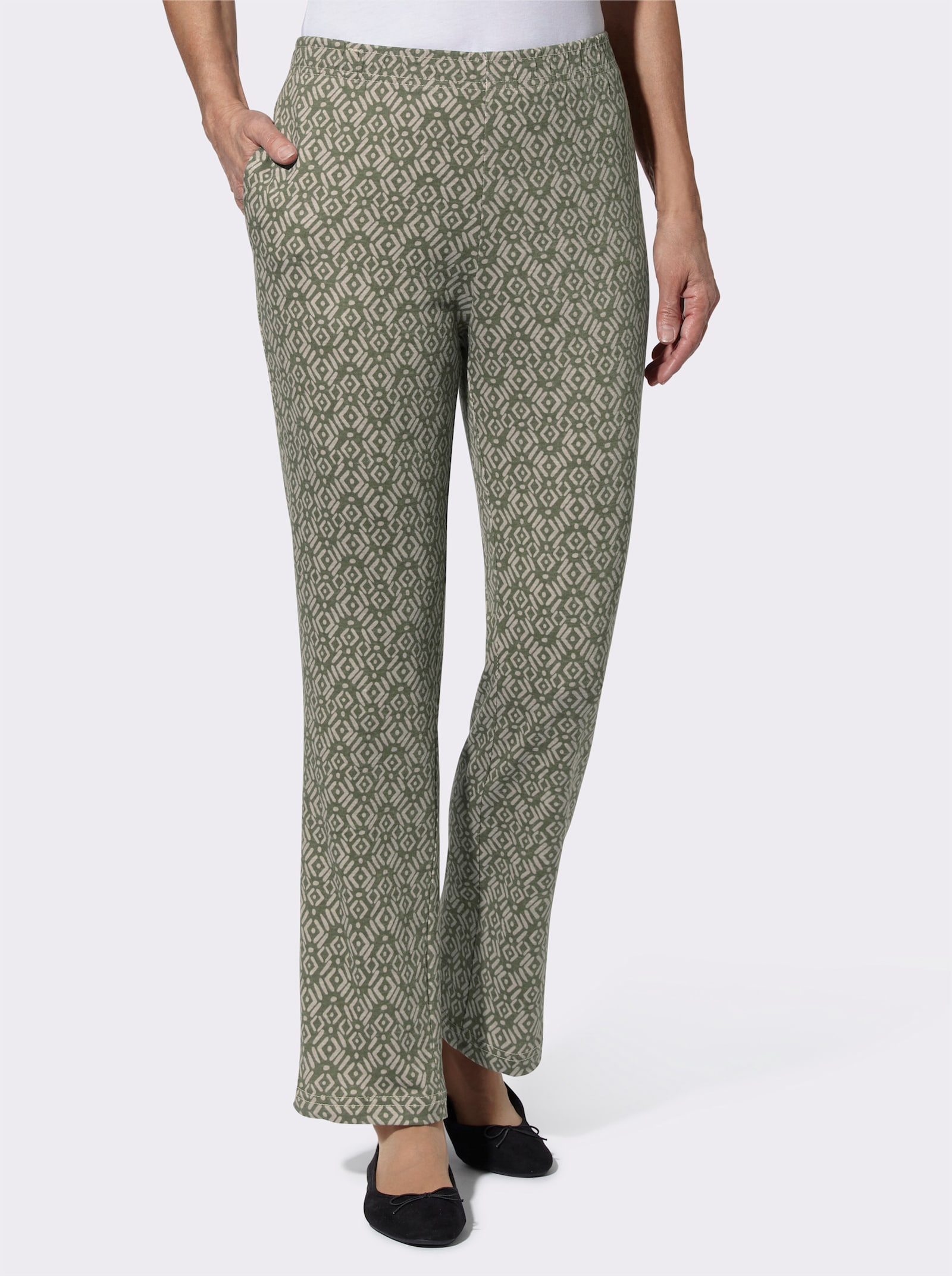 Bekväm byxa med hel resårlinning - khaki + khaki, med tryck