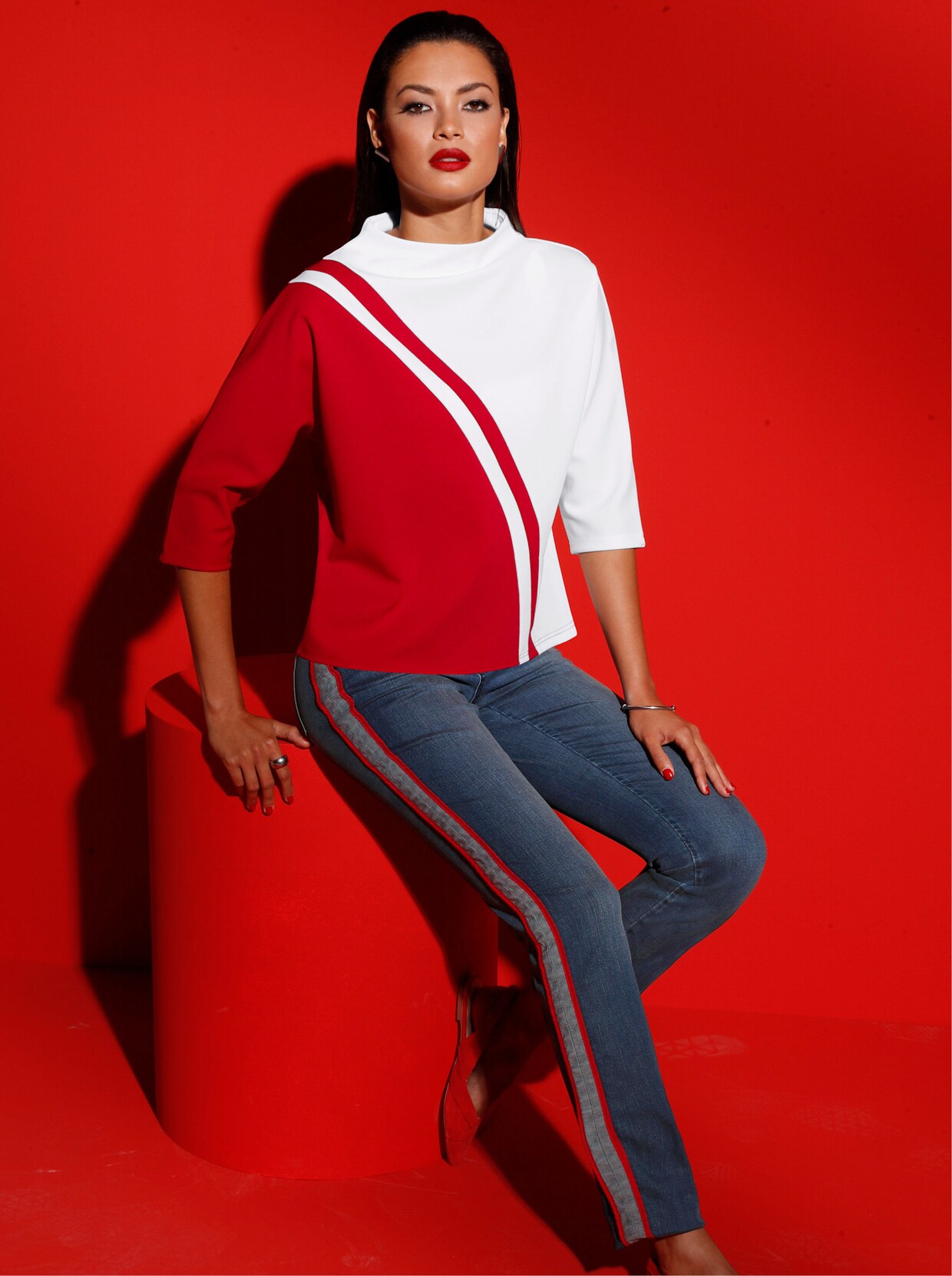 3/4-Arm-Shirt - weiß-rot