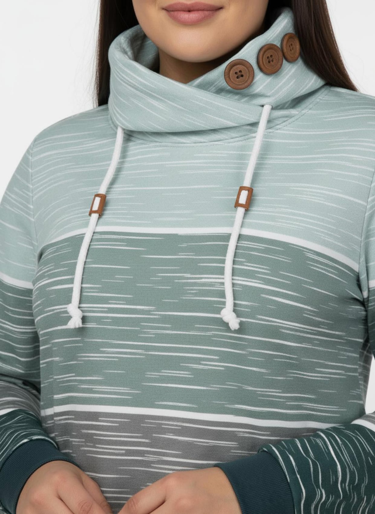 Sweatshirt mit Zierknöpfen am Kragen - petrol-kalkmint-bedruckt