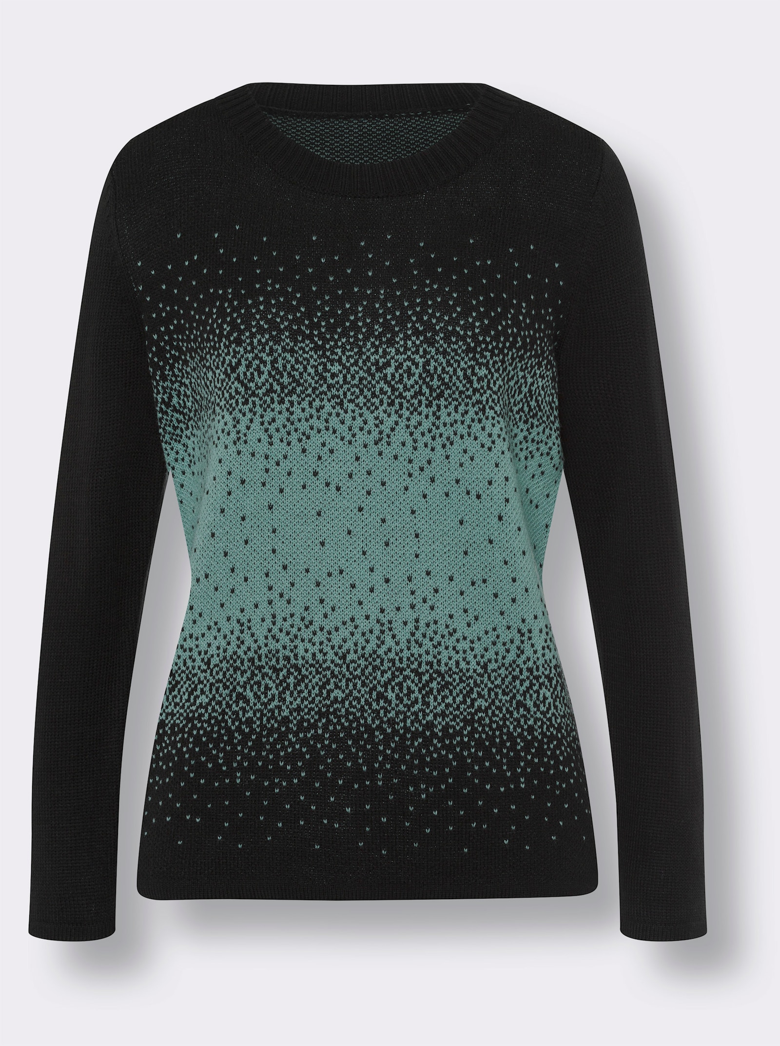 Svetr s kulatým výstřihem s odstupňováním barev - černá-šalvějová-vzor
