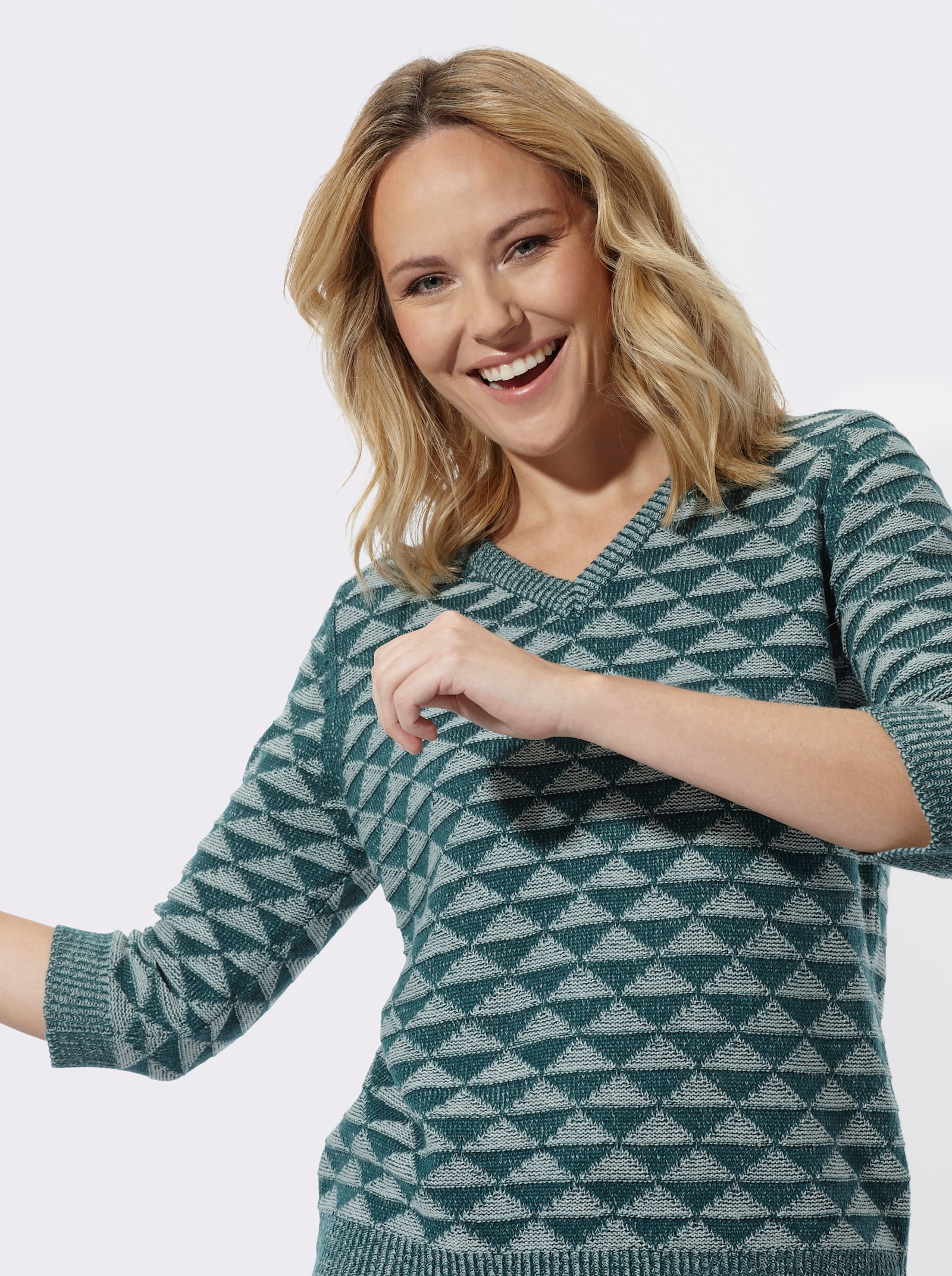 V-Ausschnitt-Pullover mit Strickmuster - petrol-ecru-gemustert