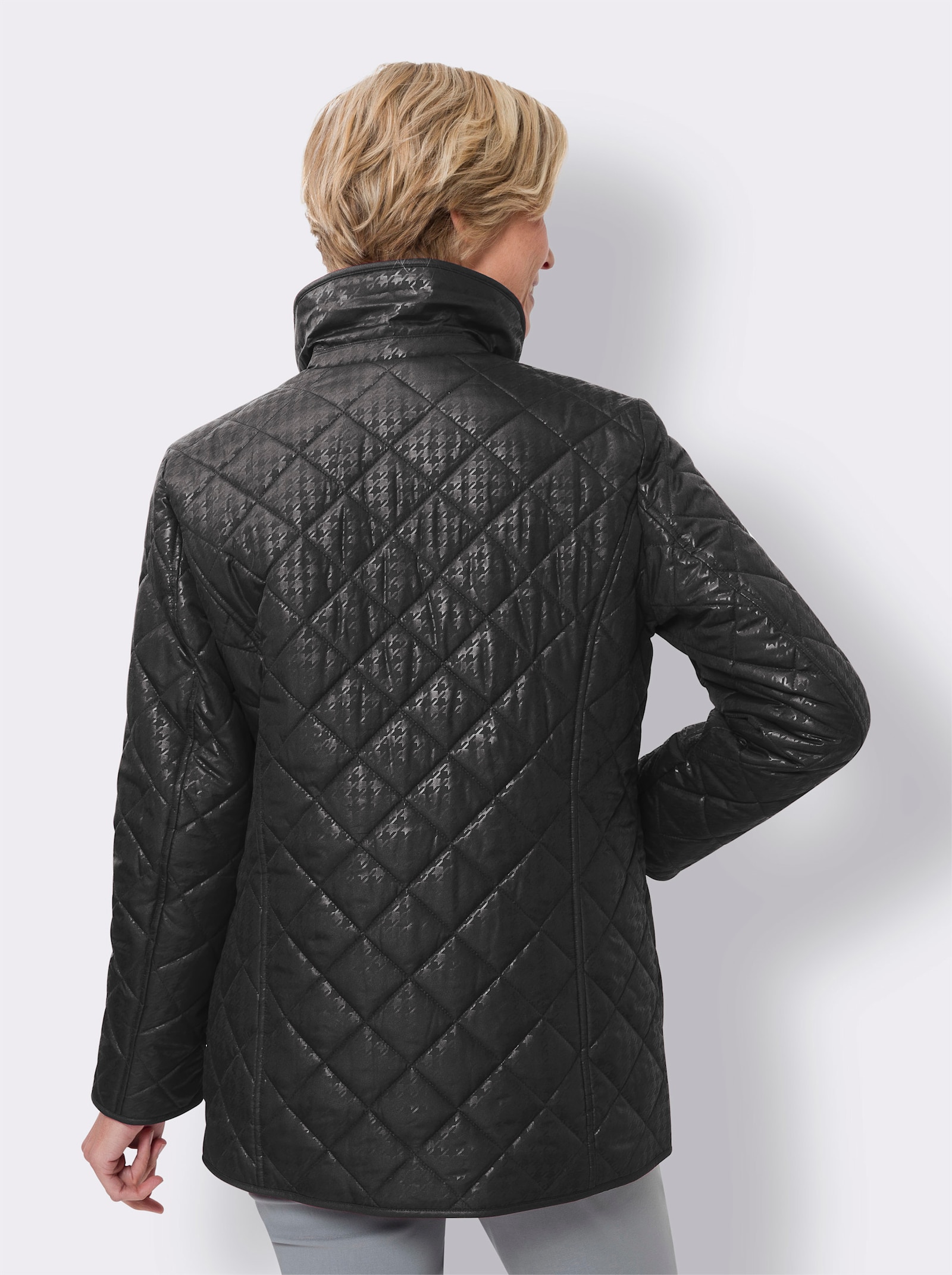 Gewatteerde jas met pied-de-poule-patroon - zwart