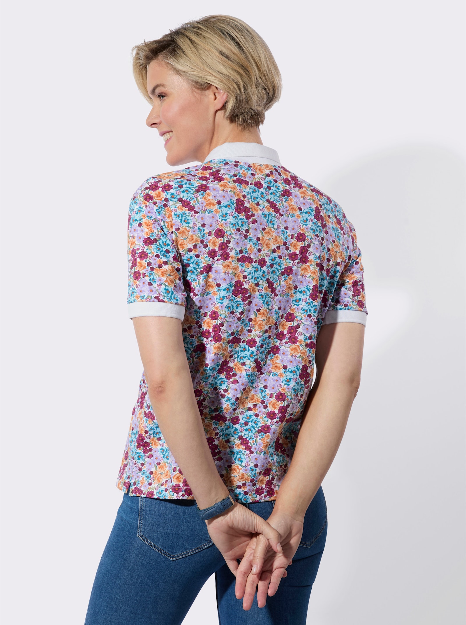 Poloshirt met geribde kraag - aquamarijn/apricot bedrukt