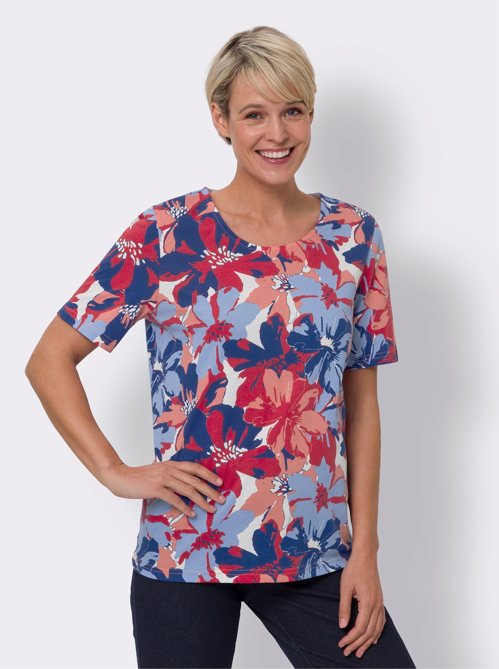 Tričko s krátkým rukávem a květinovým vzorem - královská modrá-humrová-potisk