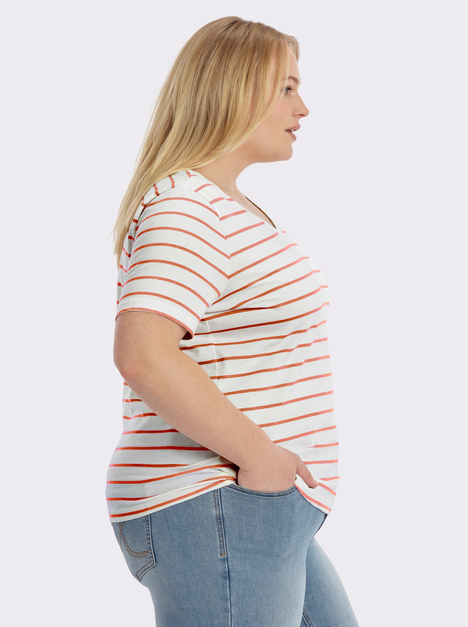  Shirt mit Stickerei, geringelt - papaya-ecru-geringelt