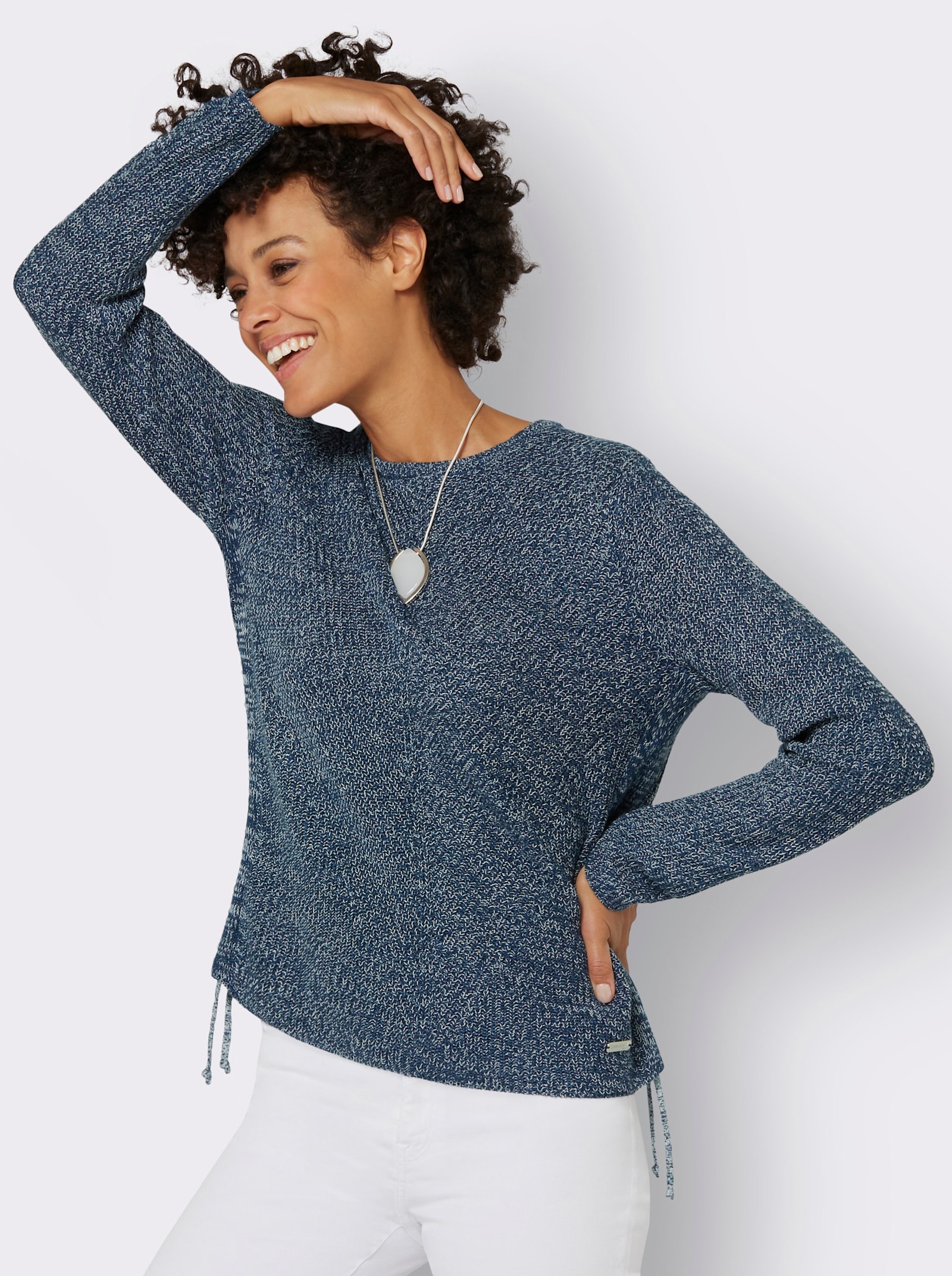 Rundhalspullover mit Kordeldurchzug am Saum - dunkelblau-ecru-meliert