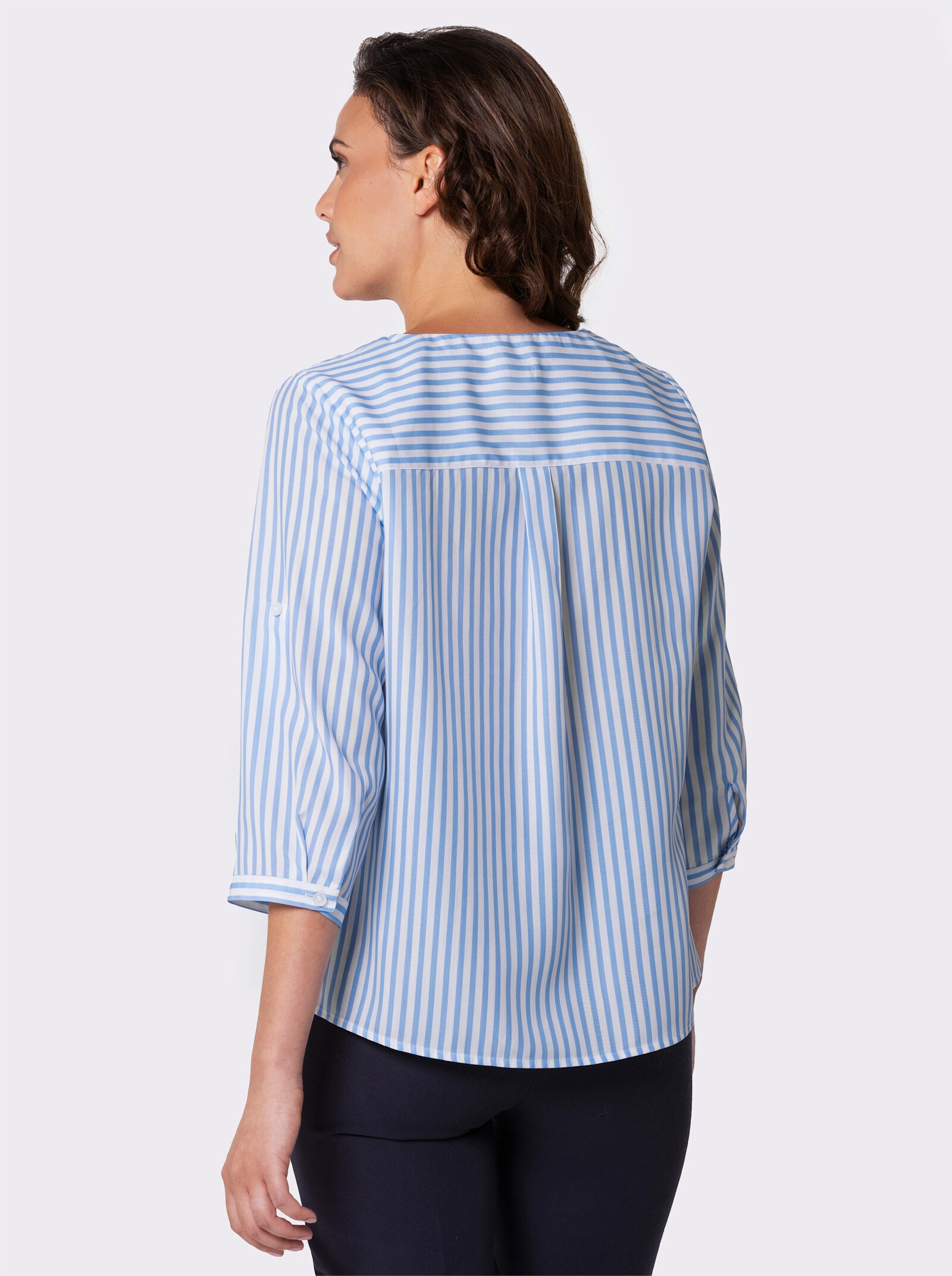 CREATION L PREMIUM Gestreifte Bluse mit Krempelärmel - himmelblau-ecru-gestreift