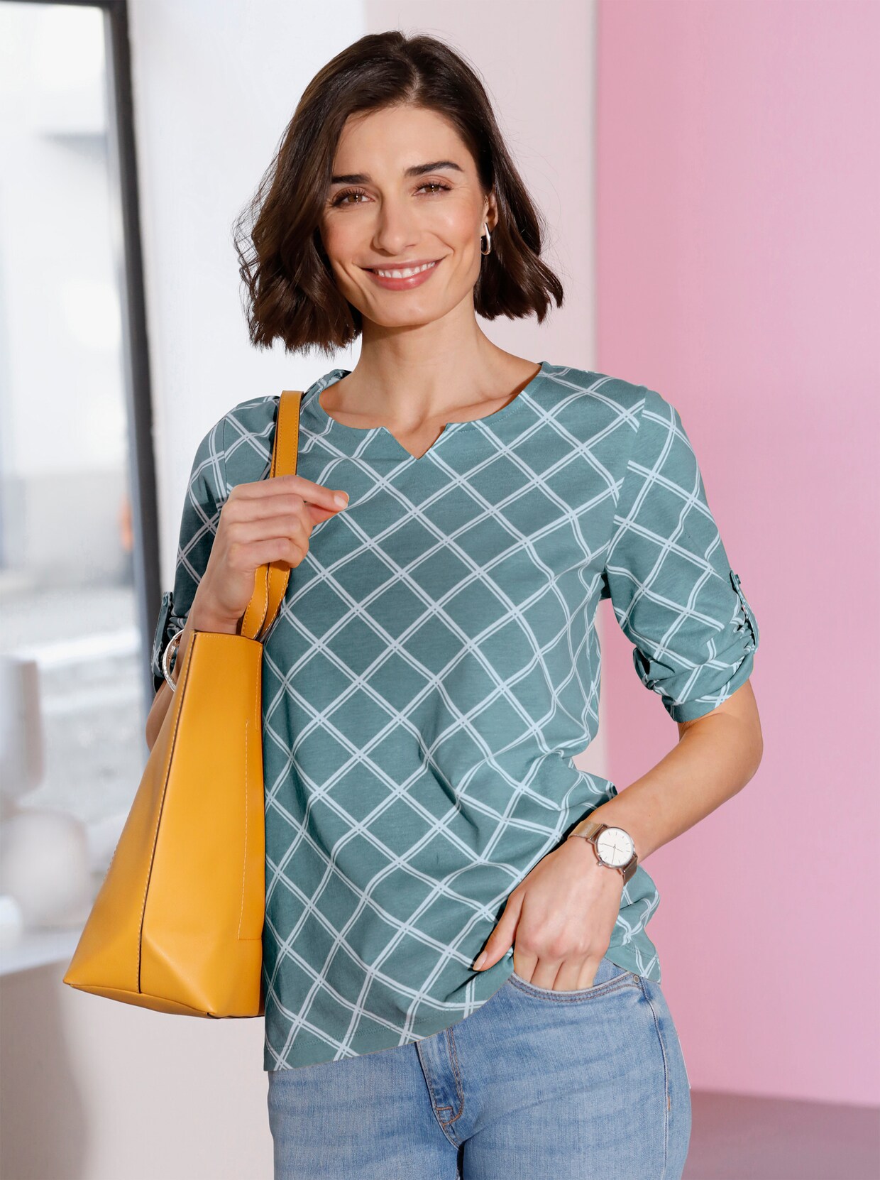 Shirt met 3/4-mouw - jade geruit