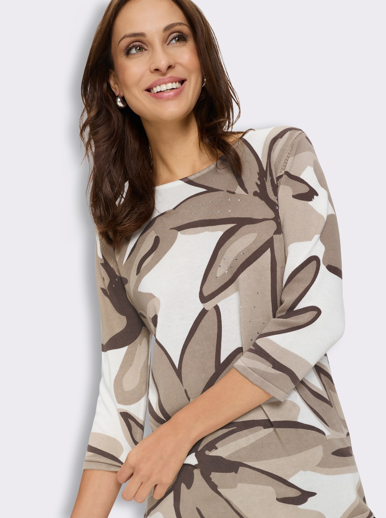 3/4-Arm-Pullover mit Glitzersteinchen - weiß-sesam-bedruckt