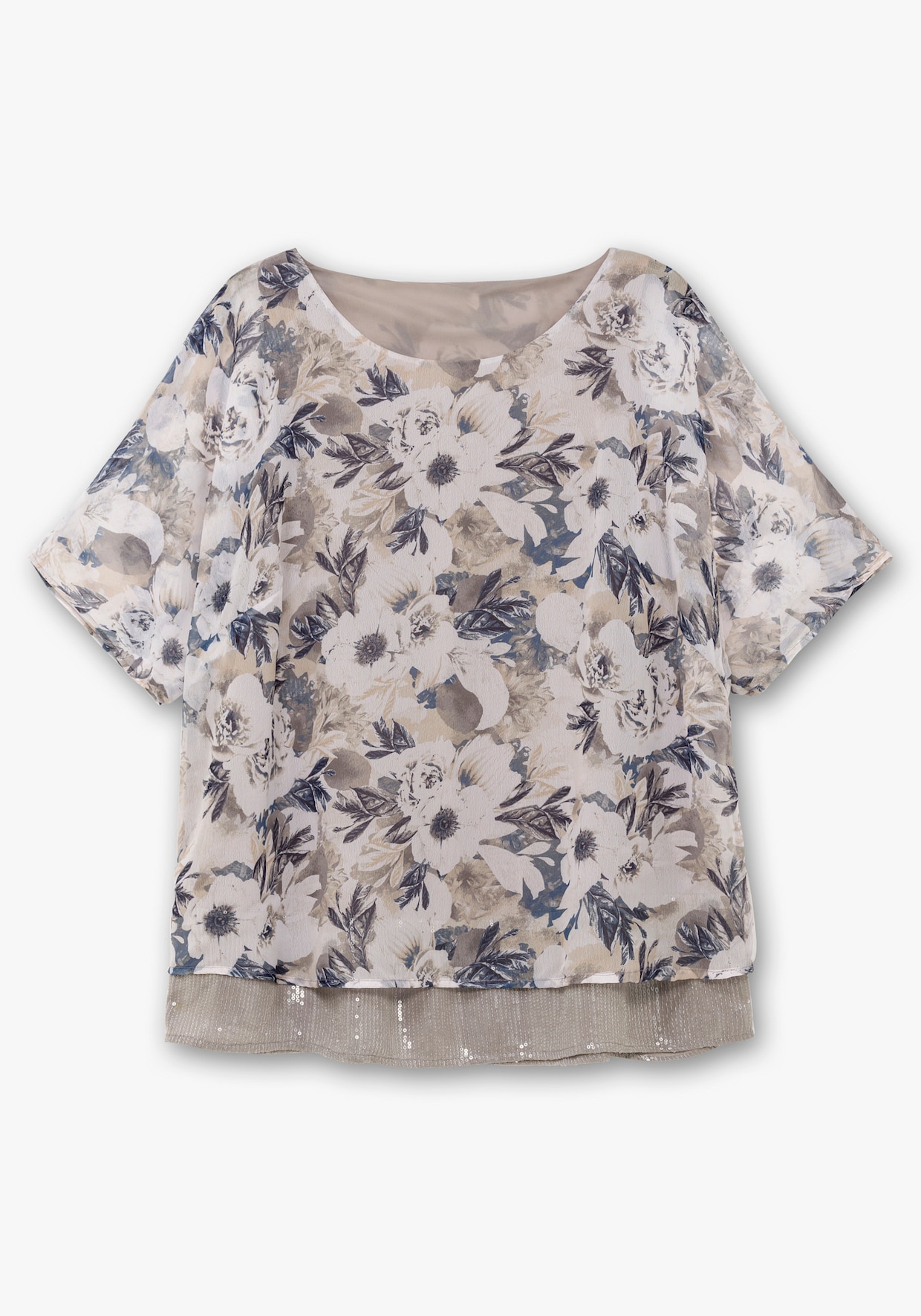 Kurzarm-Bluse - hellgrau-jeansblau-bedruckt