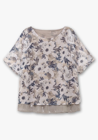 Kurzarm-Bluse - hellgrau-jeansblau-bedruckt