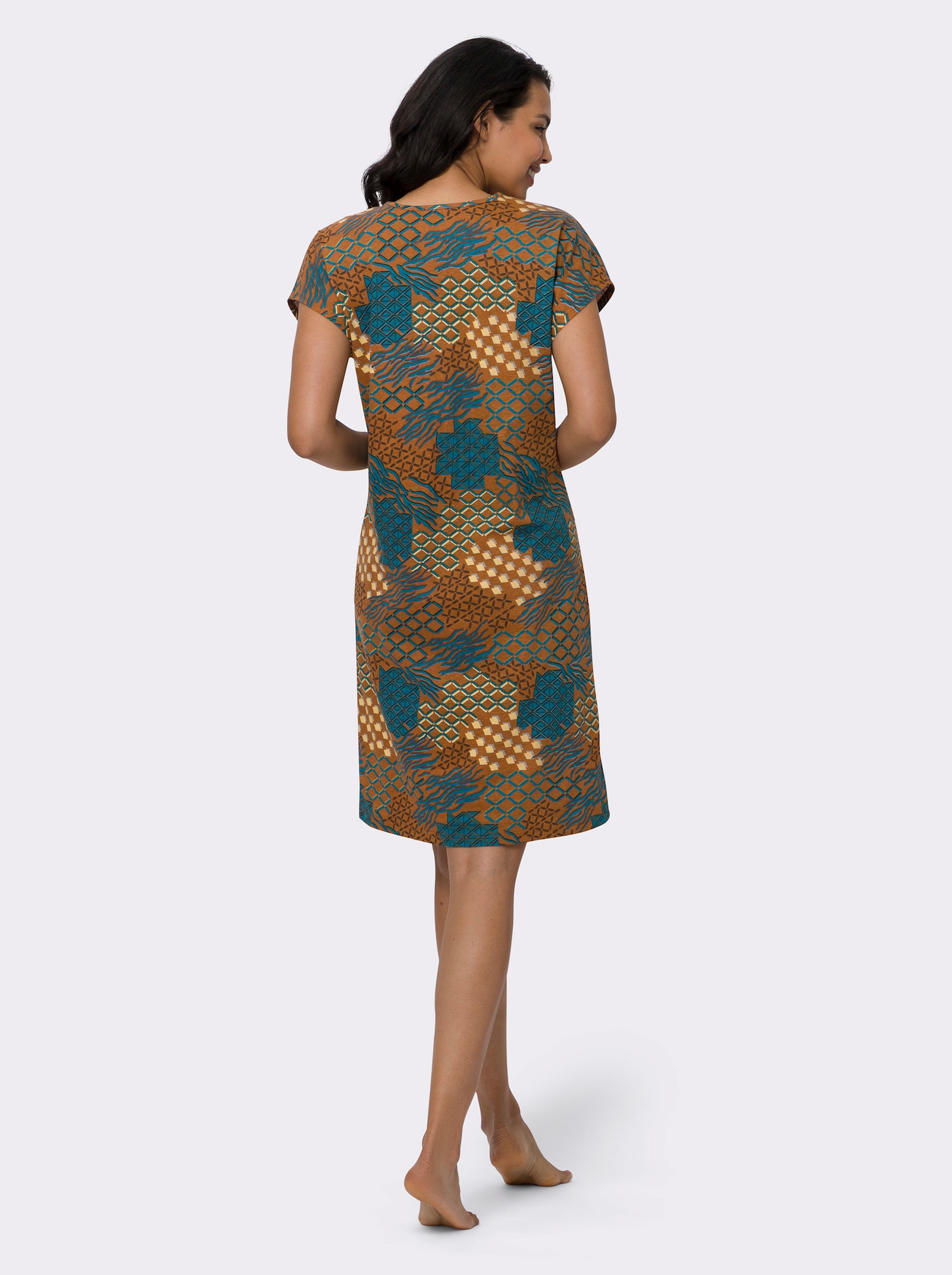 Sommerkleid mit Grafik-Print allover - rotbraun-petrol-bedruckt