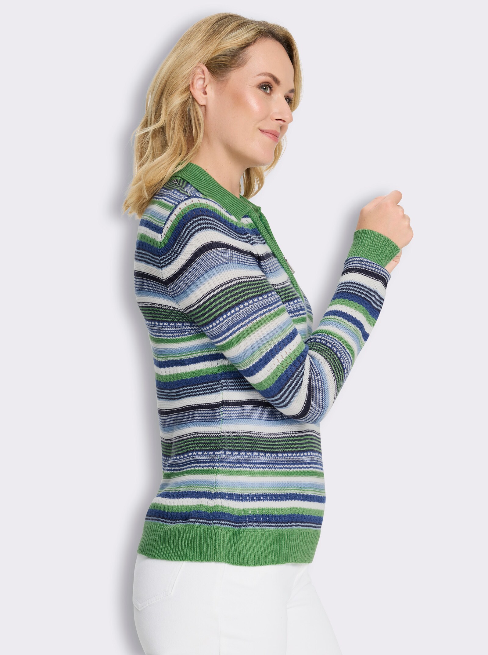 Polopullover mit Ringel-Strickmuster - grün-royalblau-geringelt