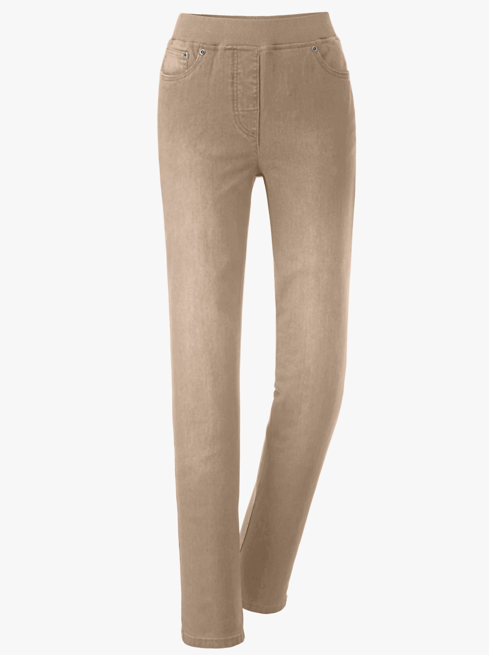 Džínsy na gumu s rebrovaným pleteným elastickým pásom - sezamová