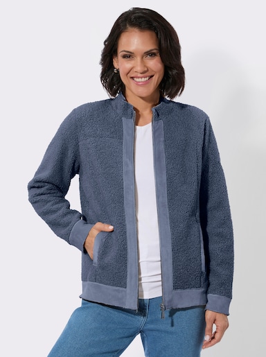 Boucléjacke mit Veloursleder-Opik - rauchblau