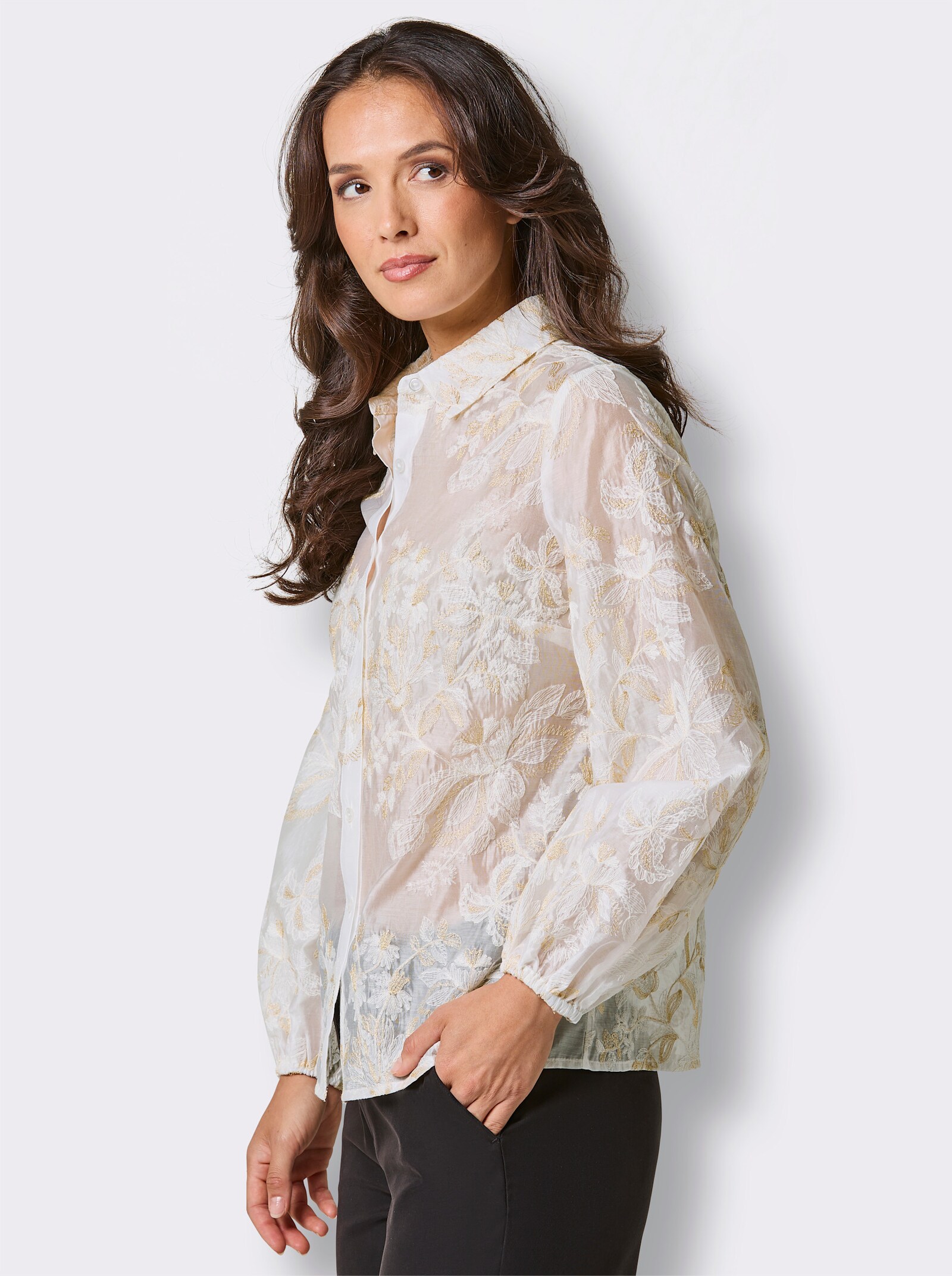 CREATION L PREMIUM Langarm-Bluse mit Stickerei - ecru-sand