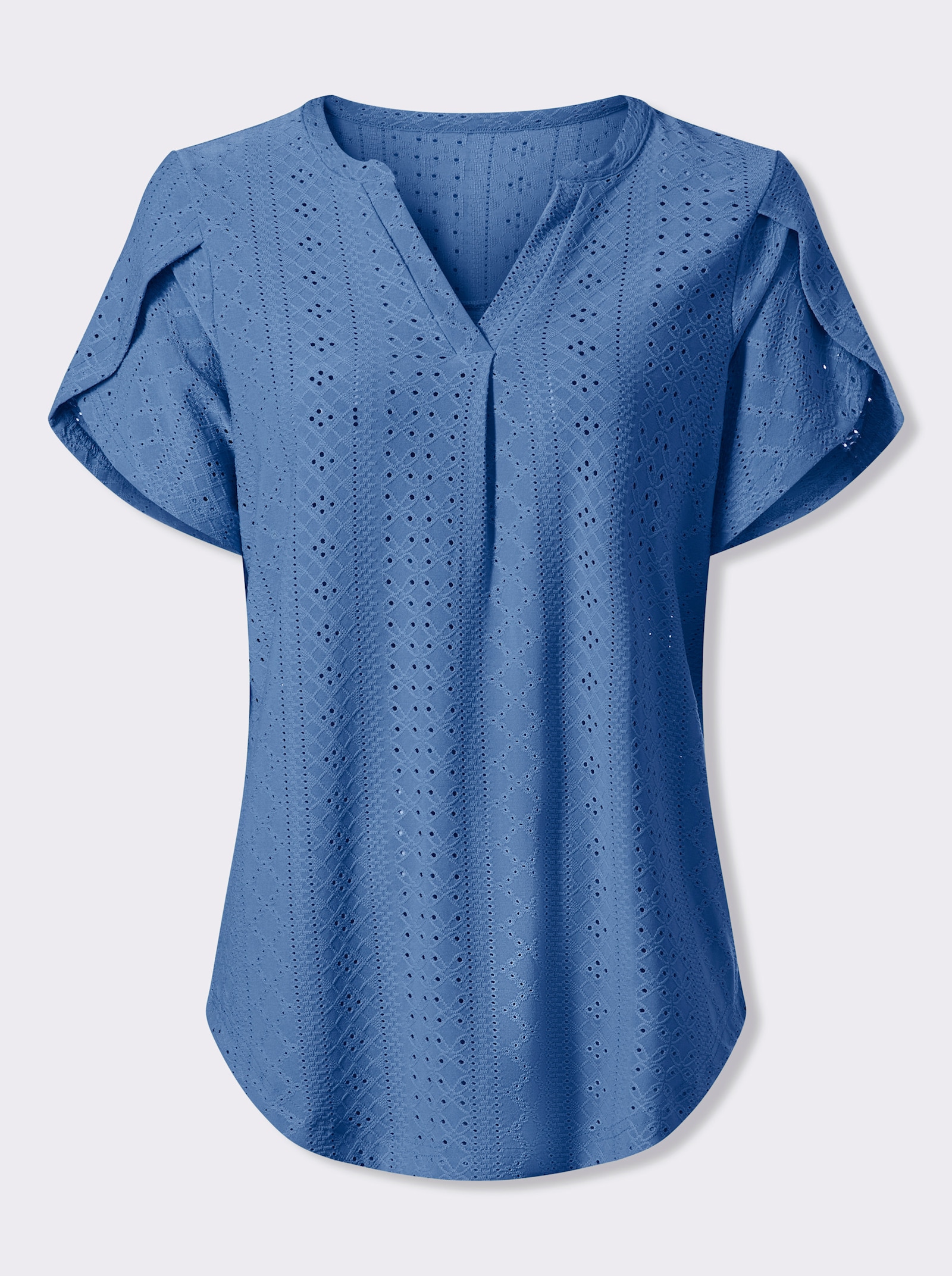 Kurzarmshirt mit Lochstickerei allover - mittelblau