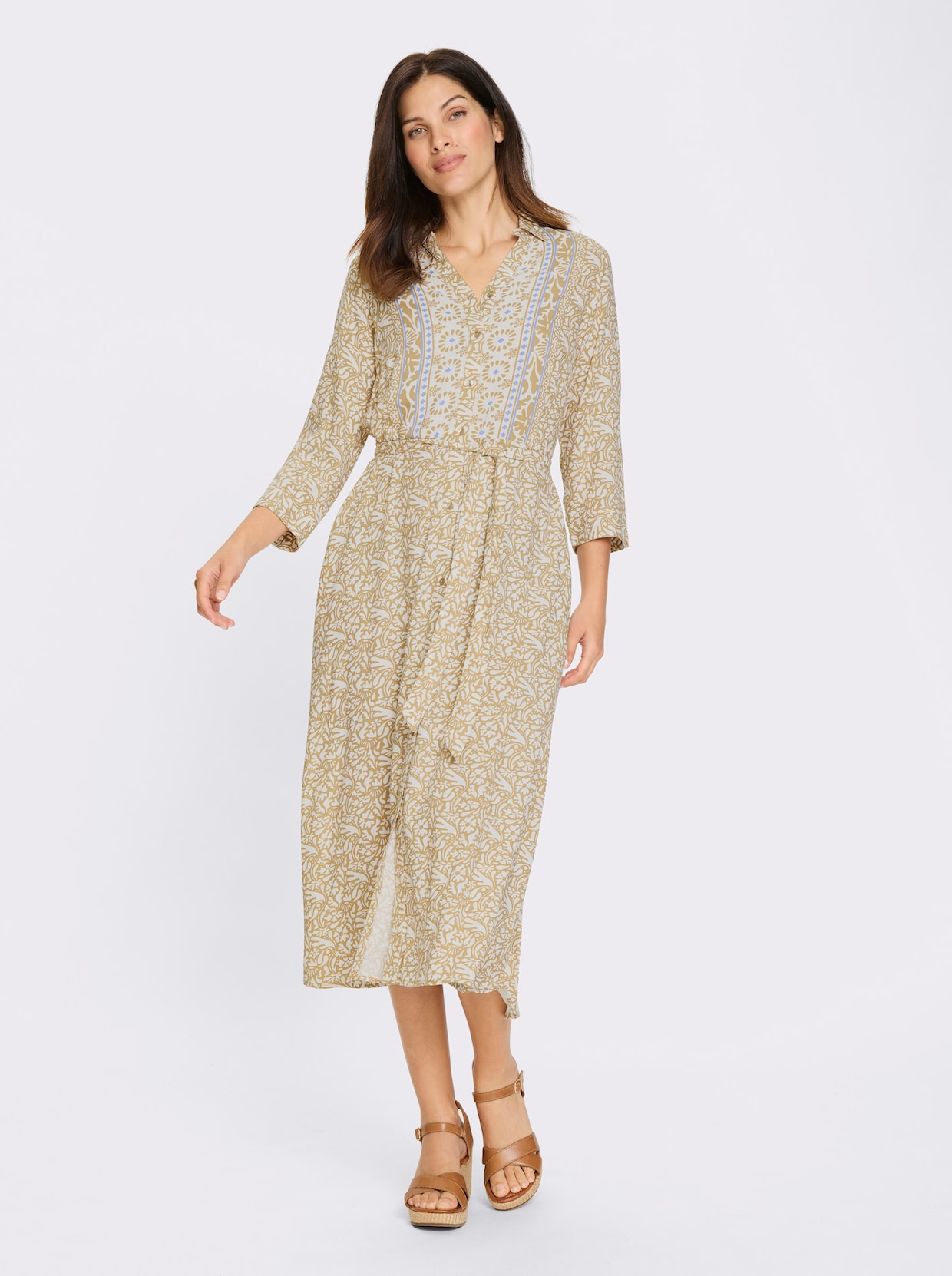 Druckkleid - ecru-camel-bedruckt