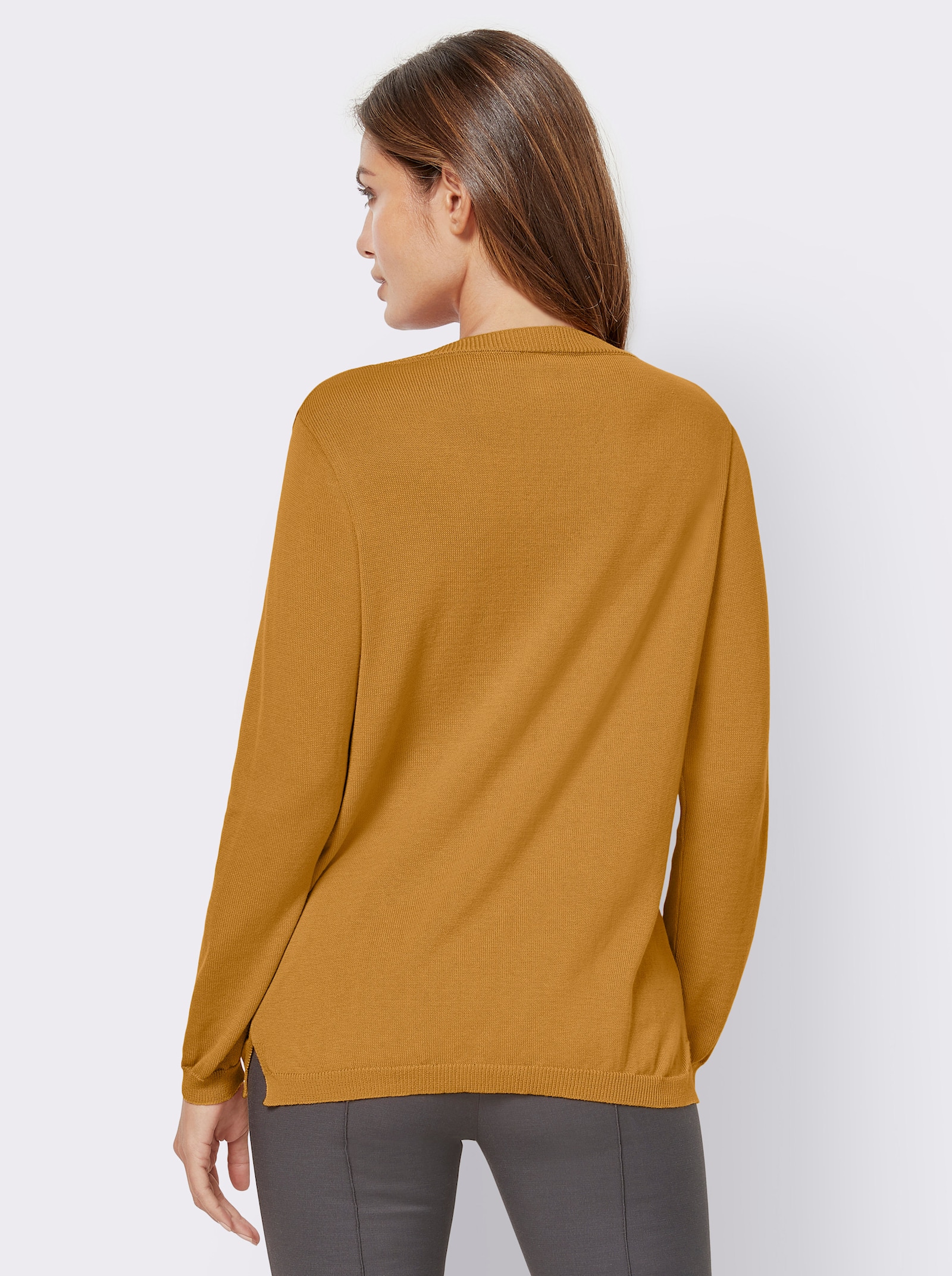 V-Ausschnitt-Pullover mit Biesen vorne - curry