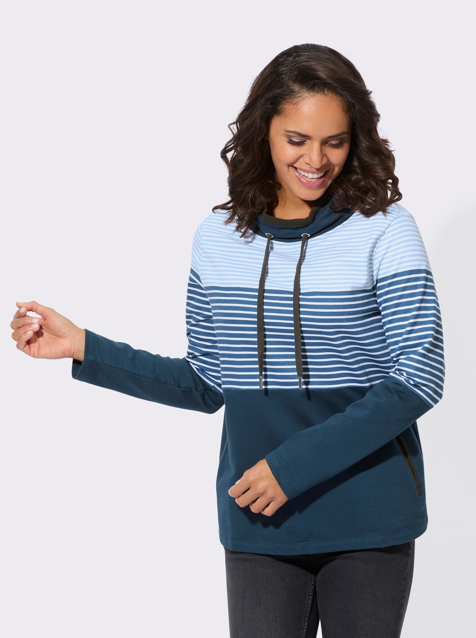 Sweatshirt mit Taschen - jeansblau-ecru-geringelt