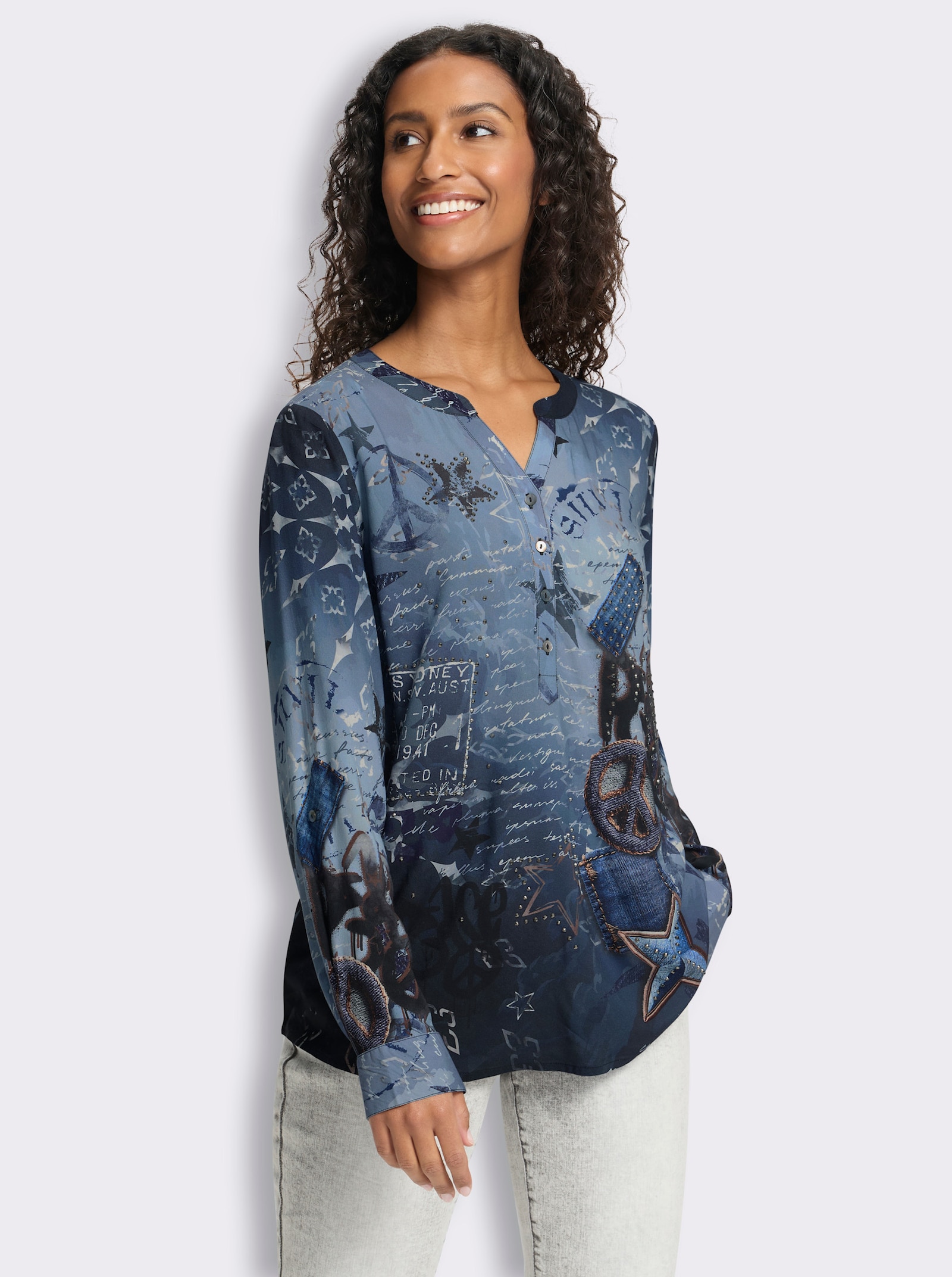 heine Druckbluse - jeansblau-steingrau-bedruckt