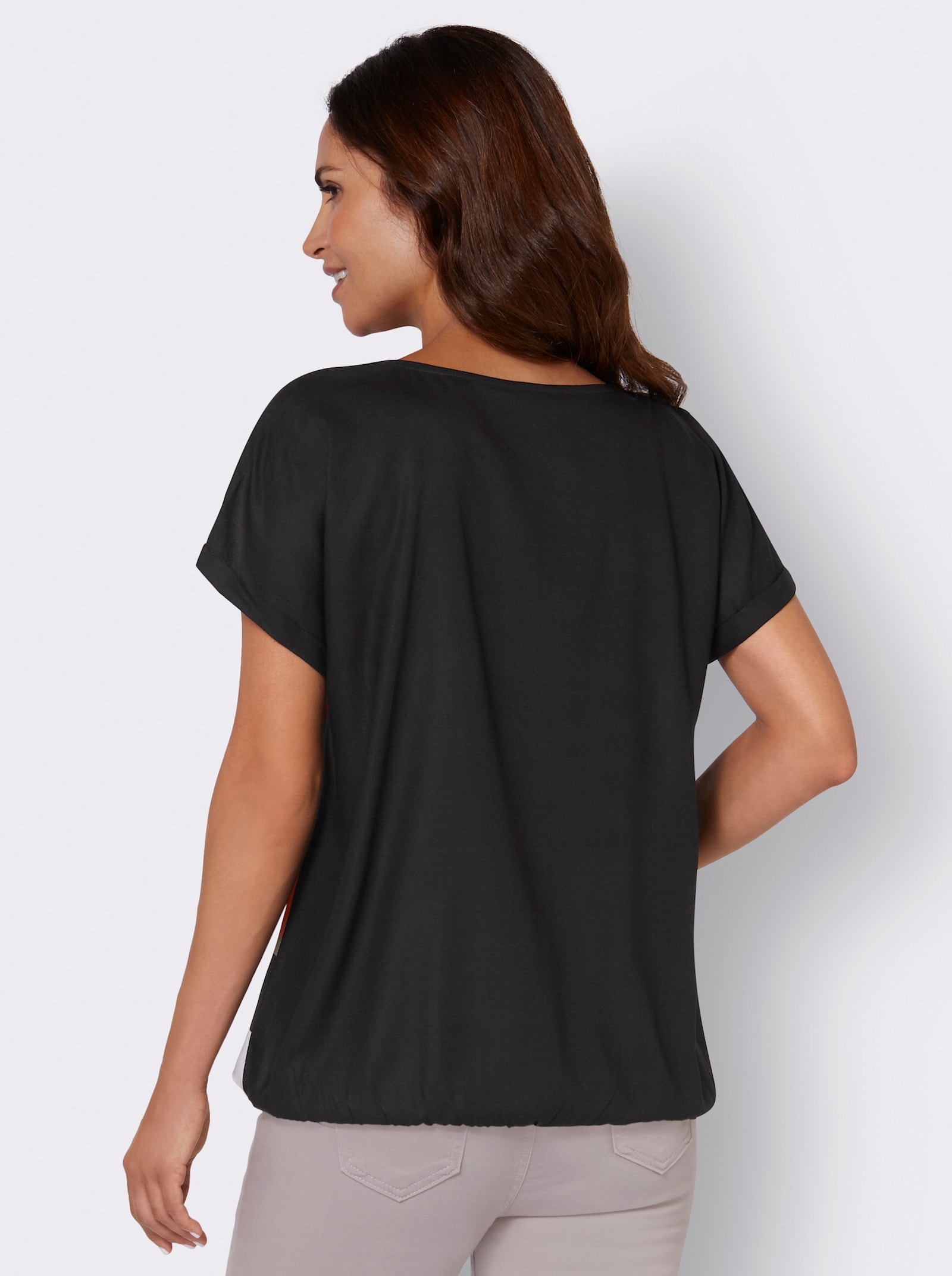 Druckbluse mit elastischem Saum - mandarine-schwarz-bedruckt