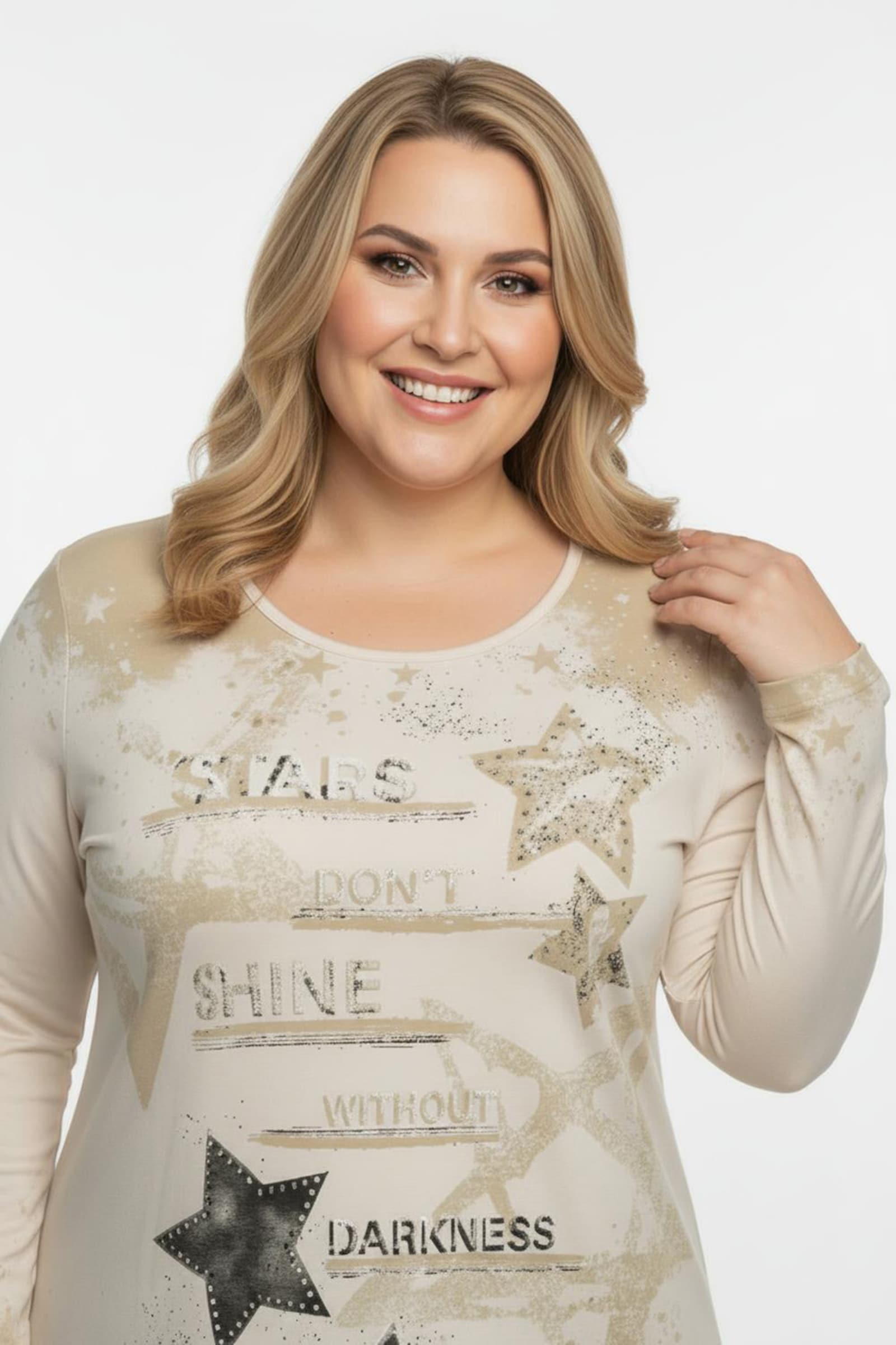 Print-Shirt mit glänzendem Sternendruck - champagner-schwarz-bedruckt