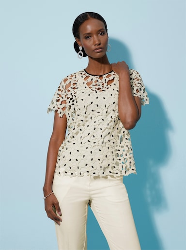 Spitzenbluse mit Rundhals-Ausschnitt - champagner-graphit-gemustert