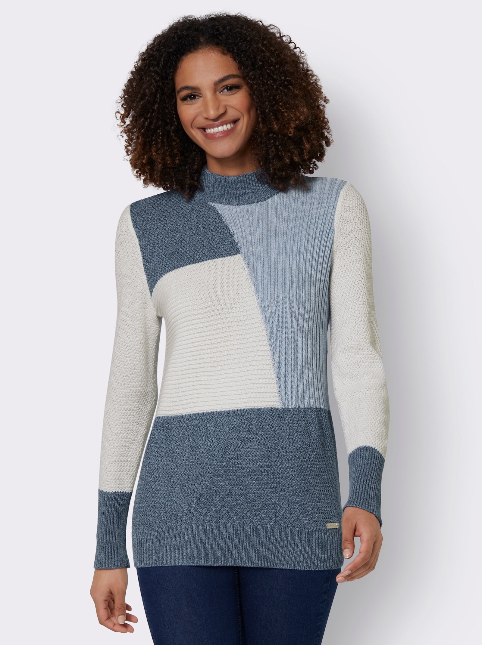 Langarm-Pullover mit Color-Blocking-Muster - rauchblau-ecru-meliert
