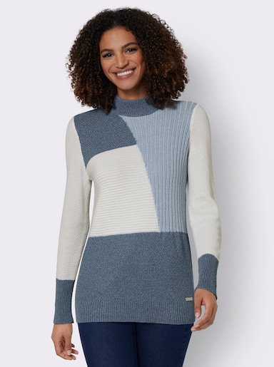 Langarm-Pullover mit Color-Blocking-Muster - rauchblau-ecru-meliert