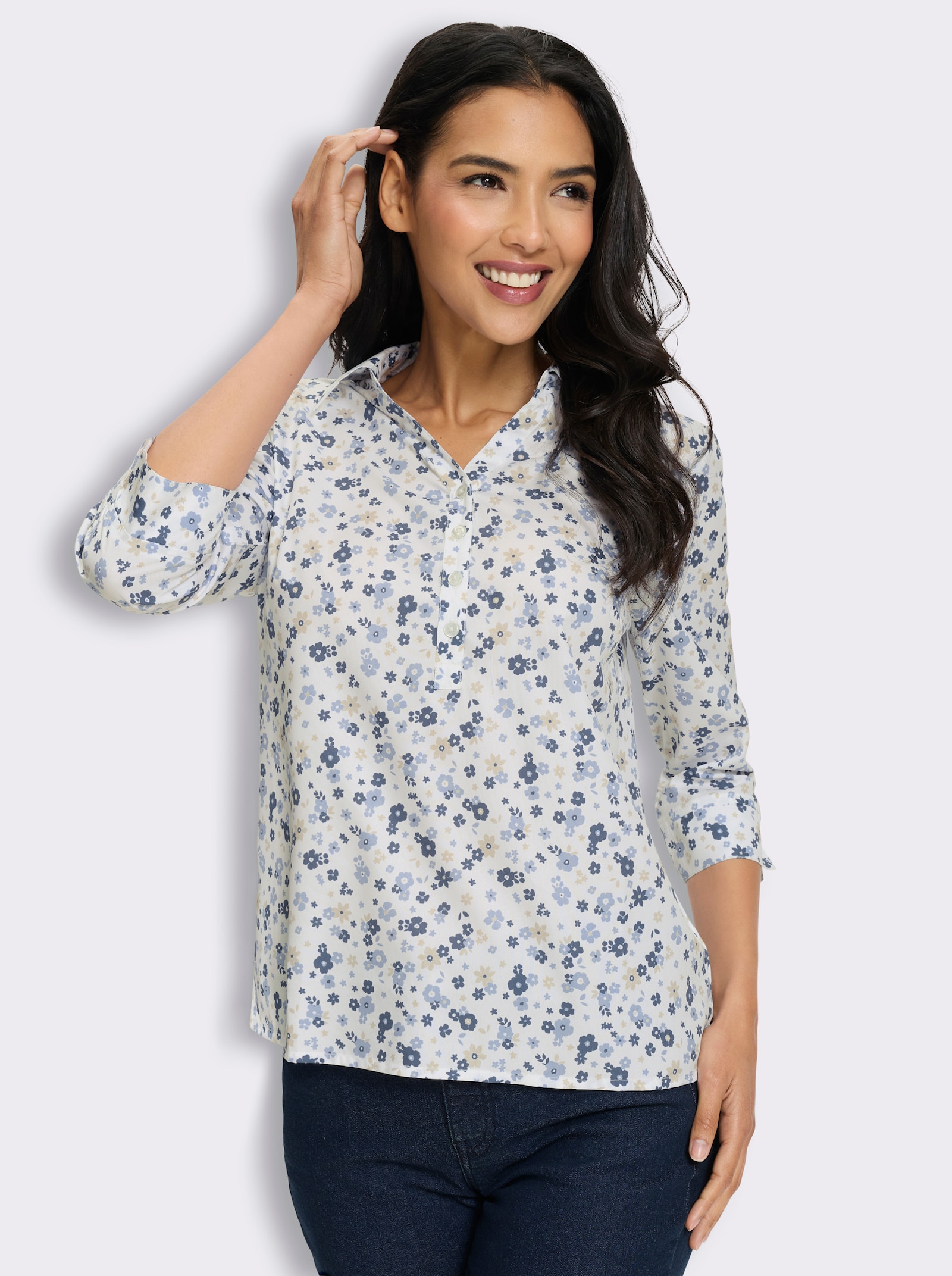 Schlupfbluse mit Millefleurs-Muster - ecru-bleu-bedruckt