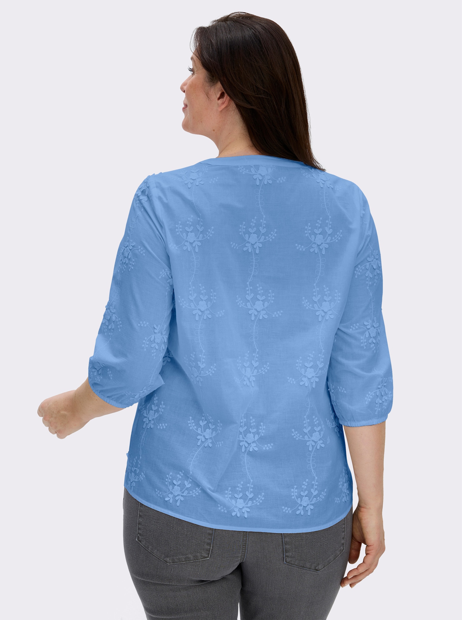 Baumwollbluse mit 3D-Blütenstickerei - himmelblau