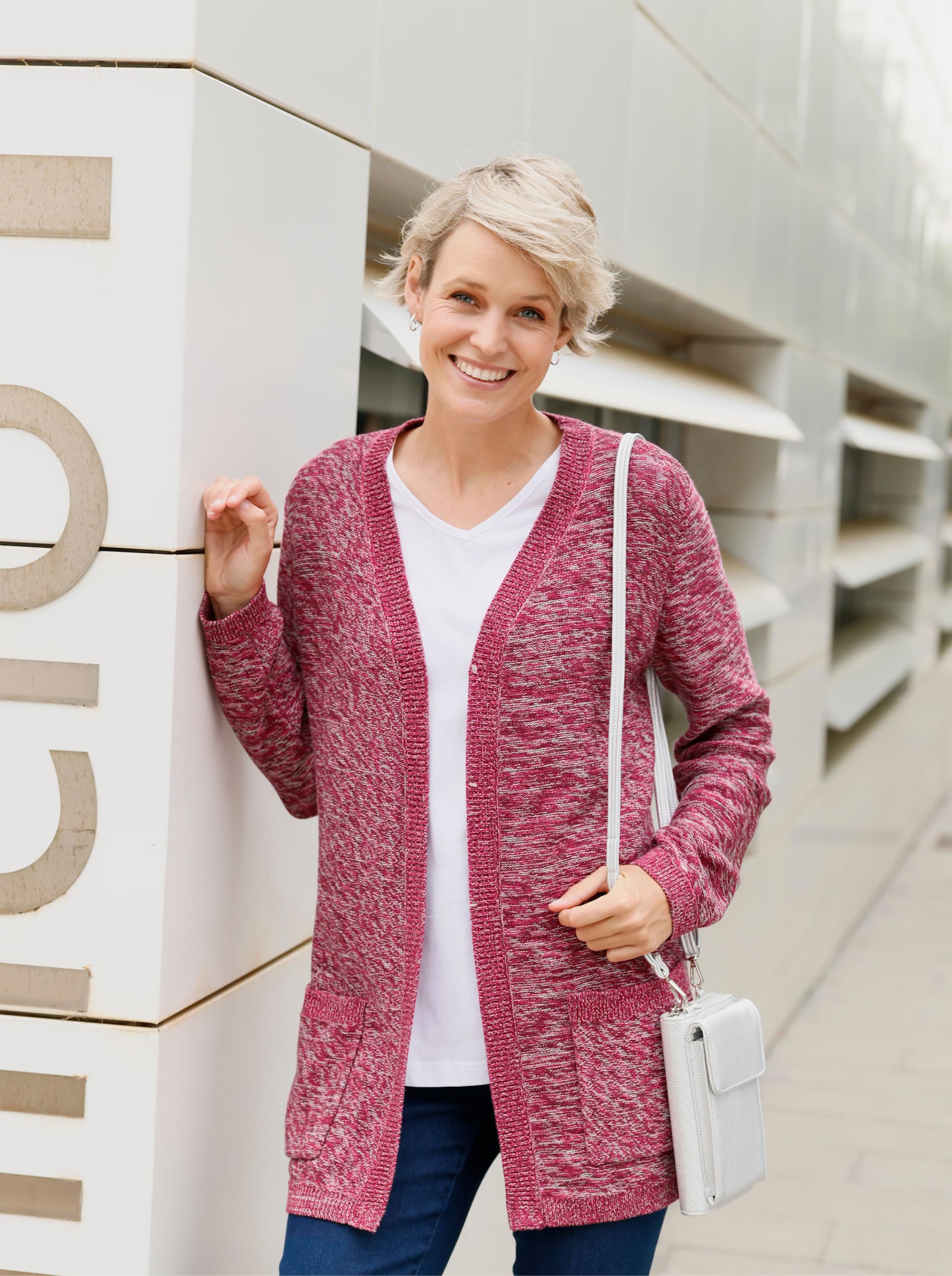 Longstrickjacke in offener Form - bordeaux-ecru-meliert