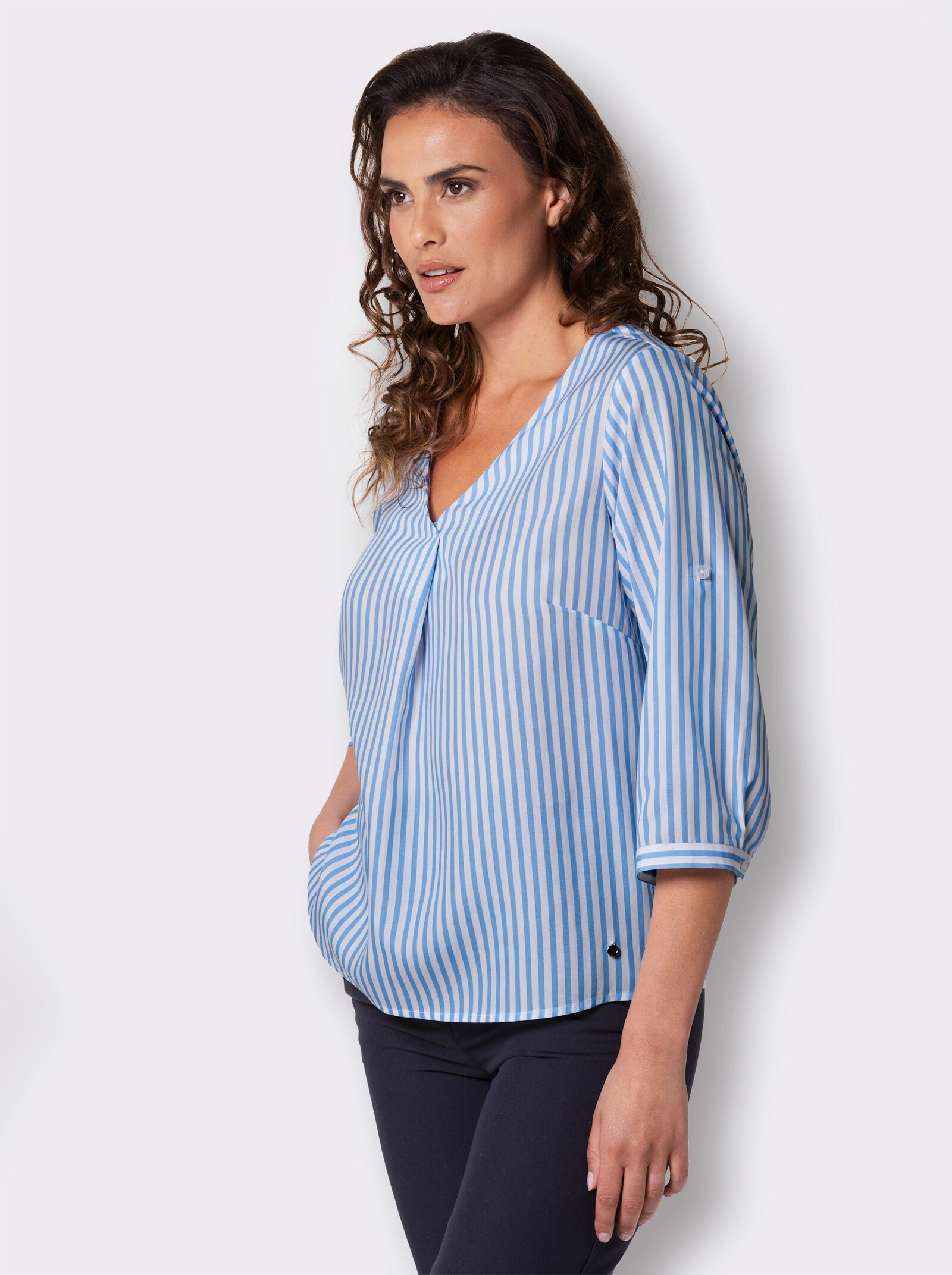 CREATION L PREMIUM Gestreifte Bluse mit Krempelärmel - himmelblau-ecru-gestreift