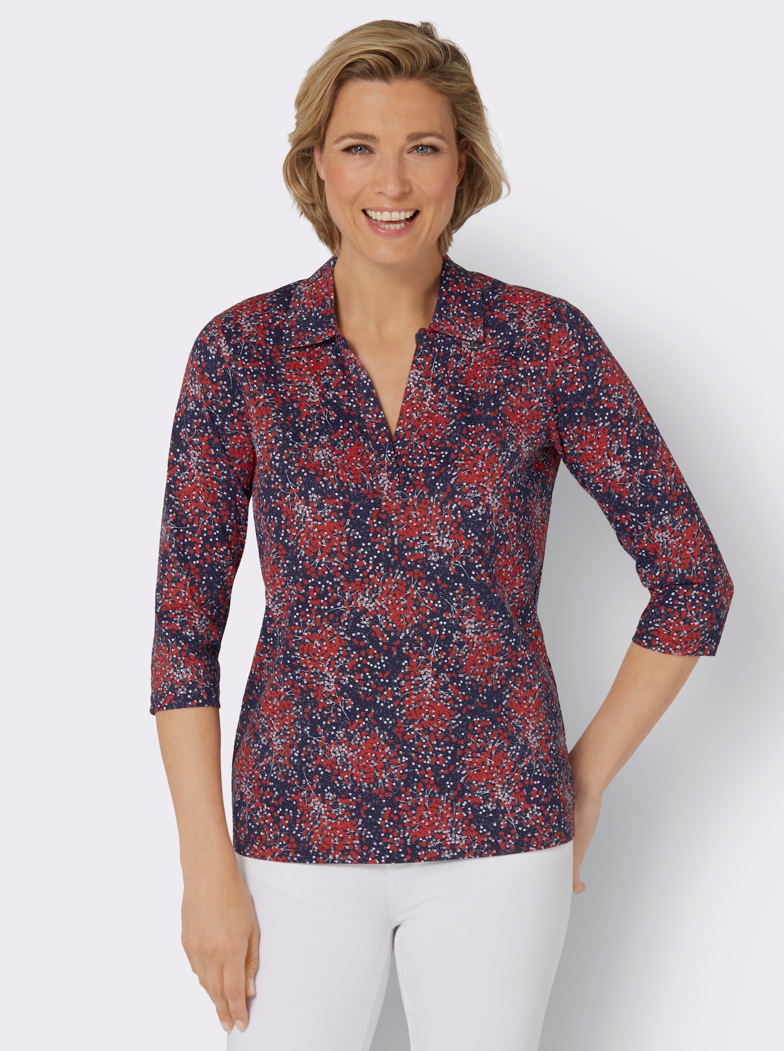 3/4-Arm-Shirt mit Hemdkragen - marine-erdbeere-bedruckt