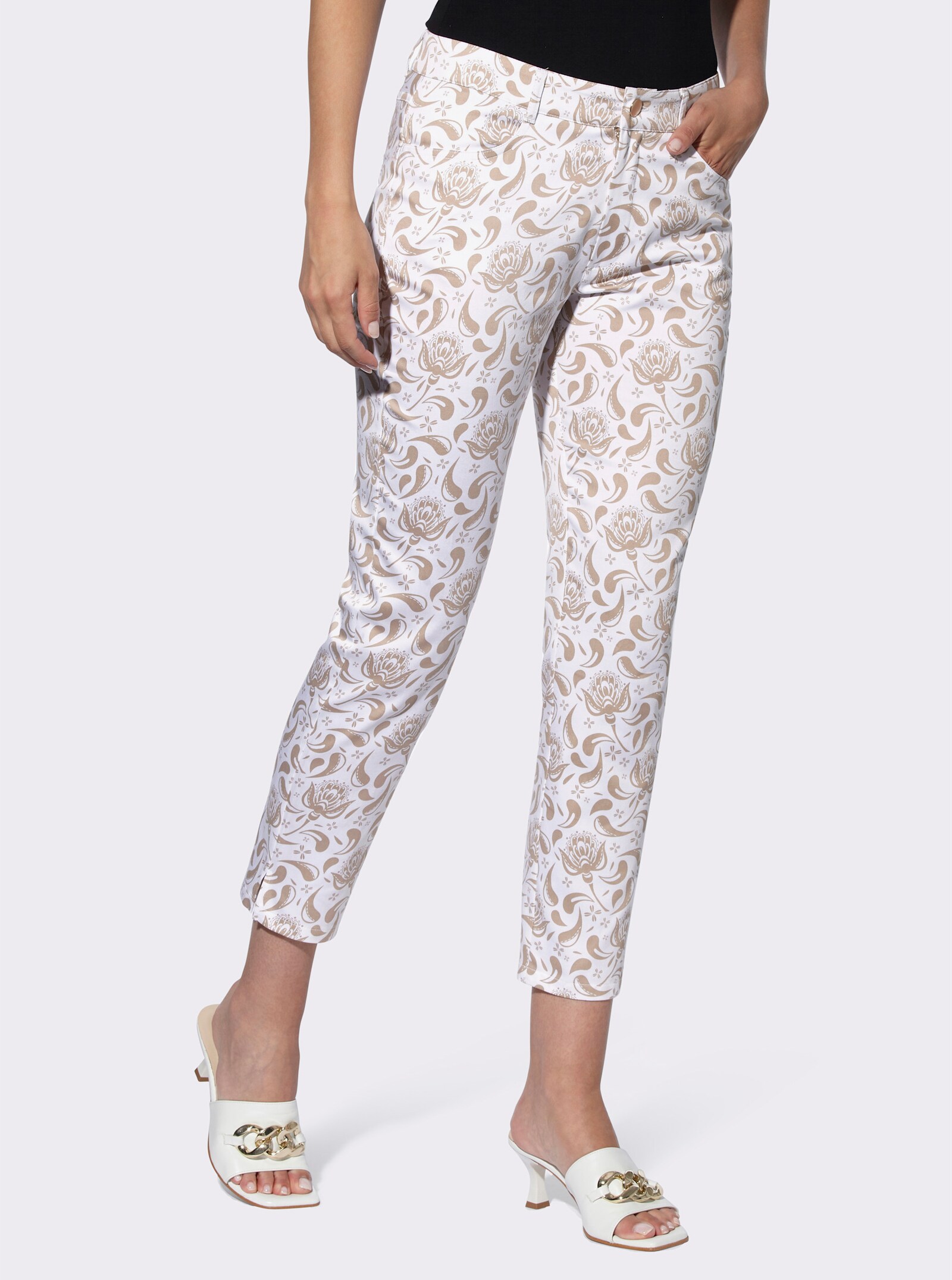 heine Broek met print en zijsplitten - beige/wit geprint