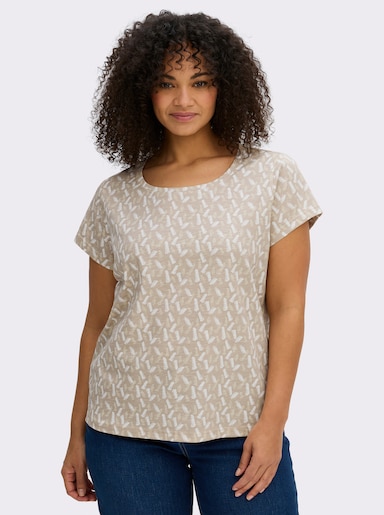 Rundhalsshirt mit Flammgarn-Struktur - beige-ecru-bedruckt