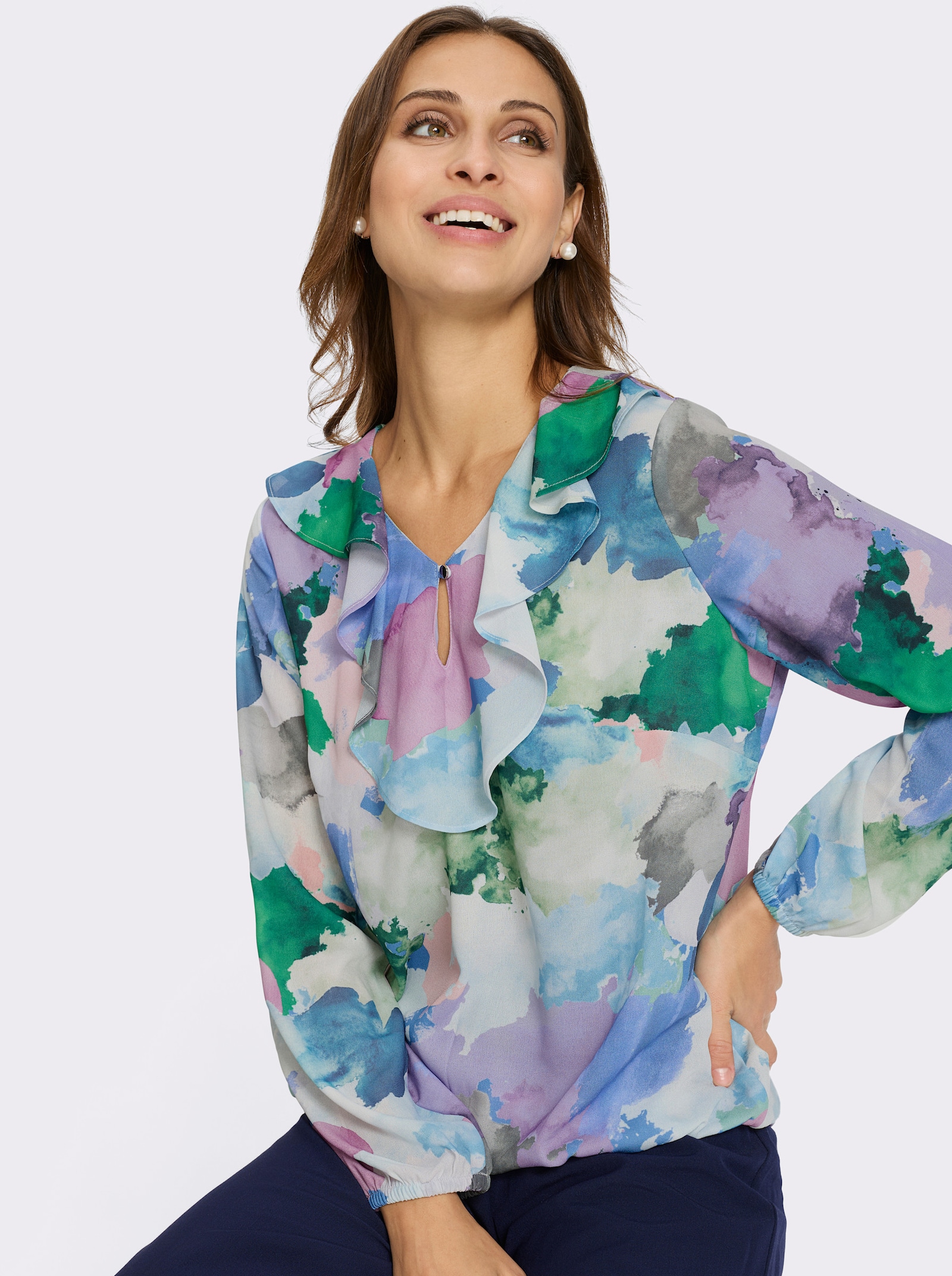 Schlupfbluse mit Volants - eisblau-rosé-bedruckt