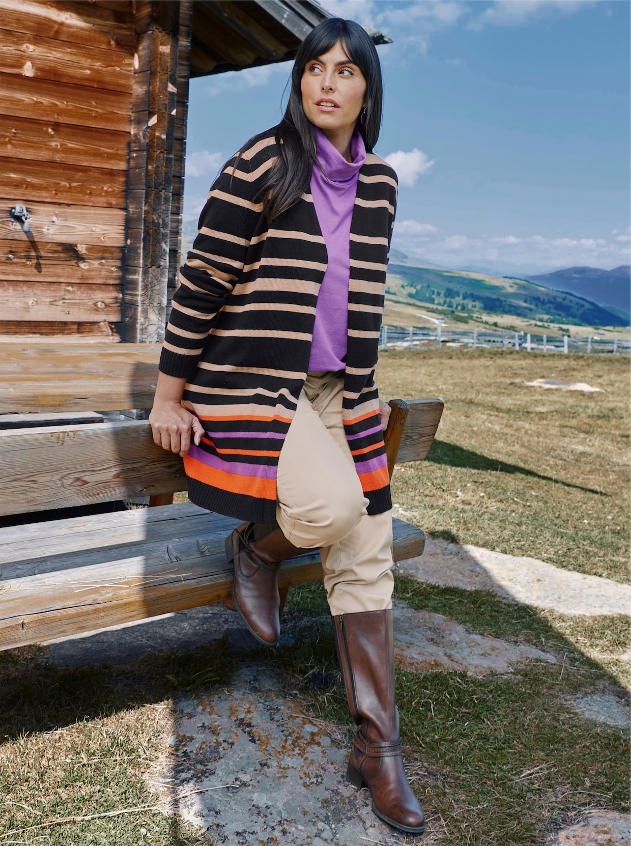 sheego Veste longue en tricot - noir-beige à rayures