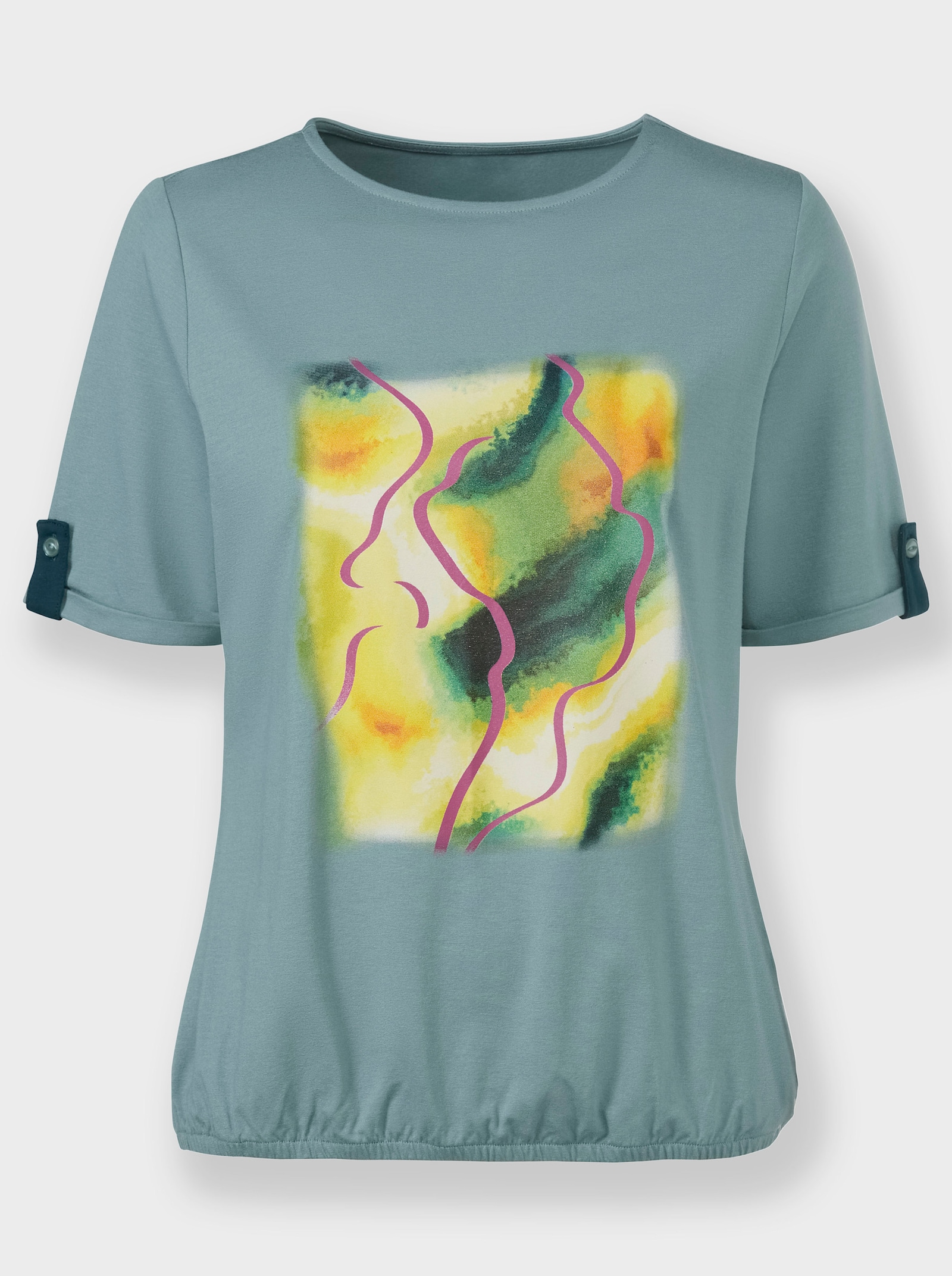 Shirt mit elastischem Saum - jade-gelb-bedruckt