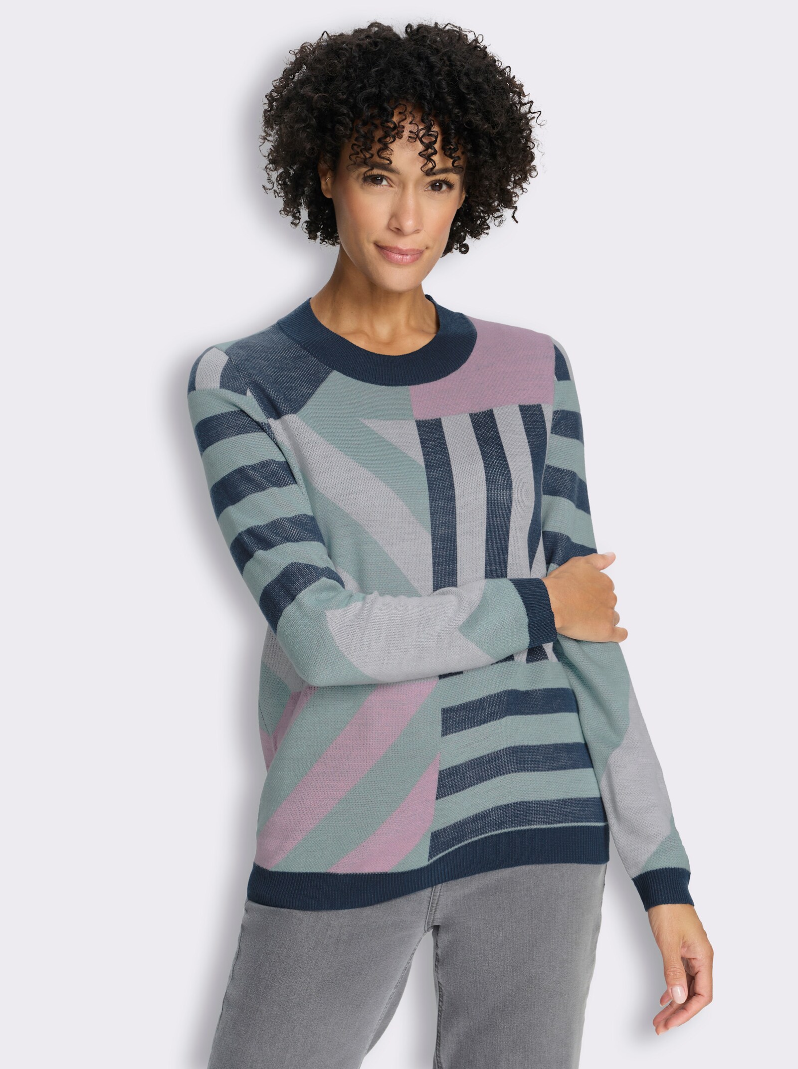 Jacquardpullover in grafischem Muster - kalkmint-rosé-gemustert